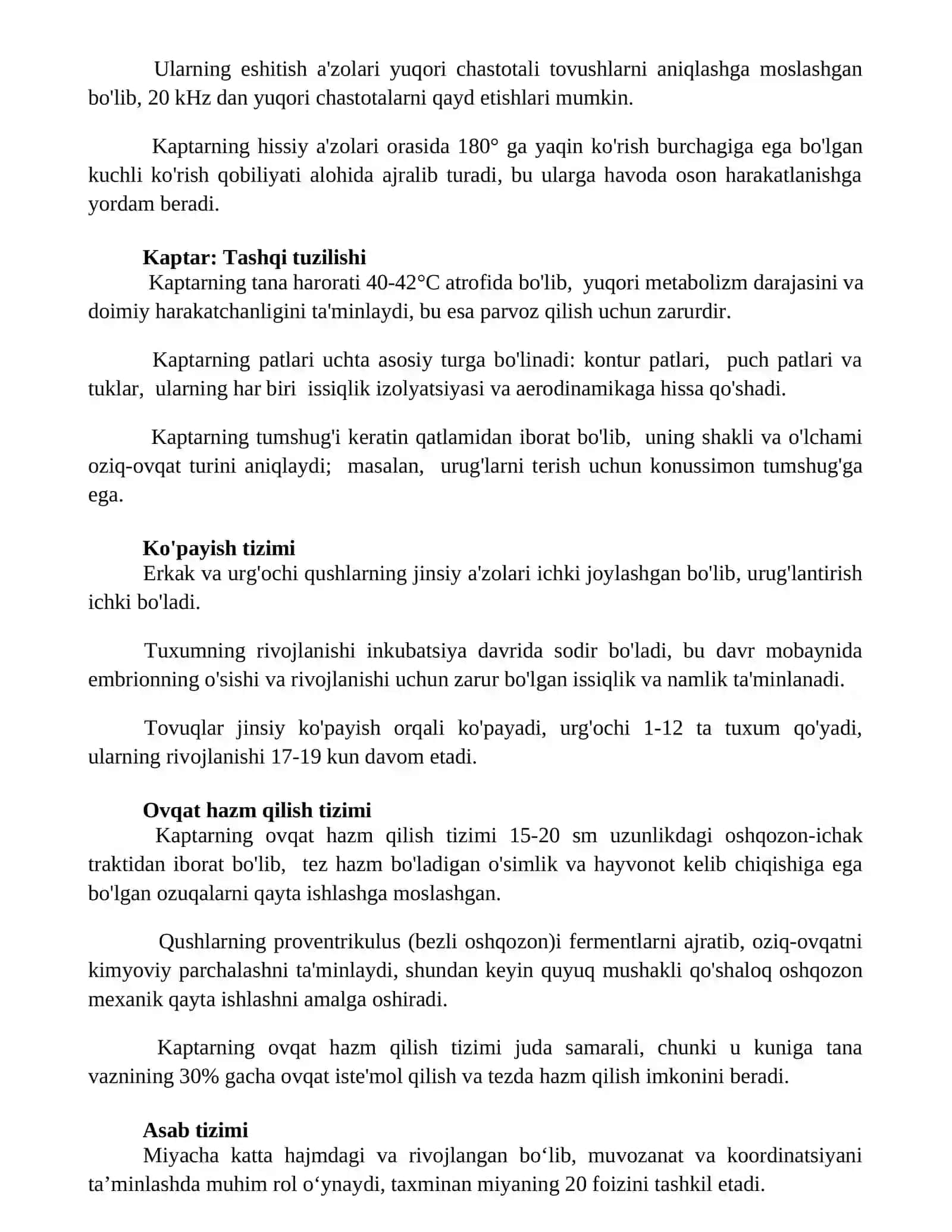 Qushlar sinfi-Aves.Kaptarning tashqi va ichki tuzilishi 2