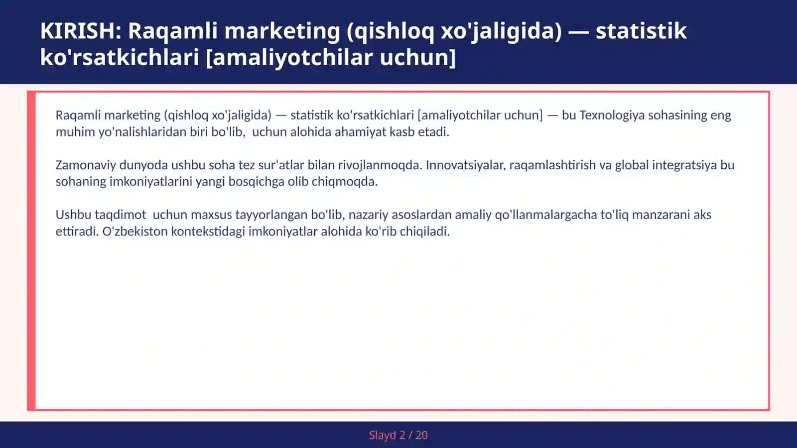 Raqamli marketing (qishloq xo'jaligida) — statistik ko'rsatkichlari [amaliyotchilar uchun] 2