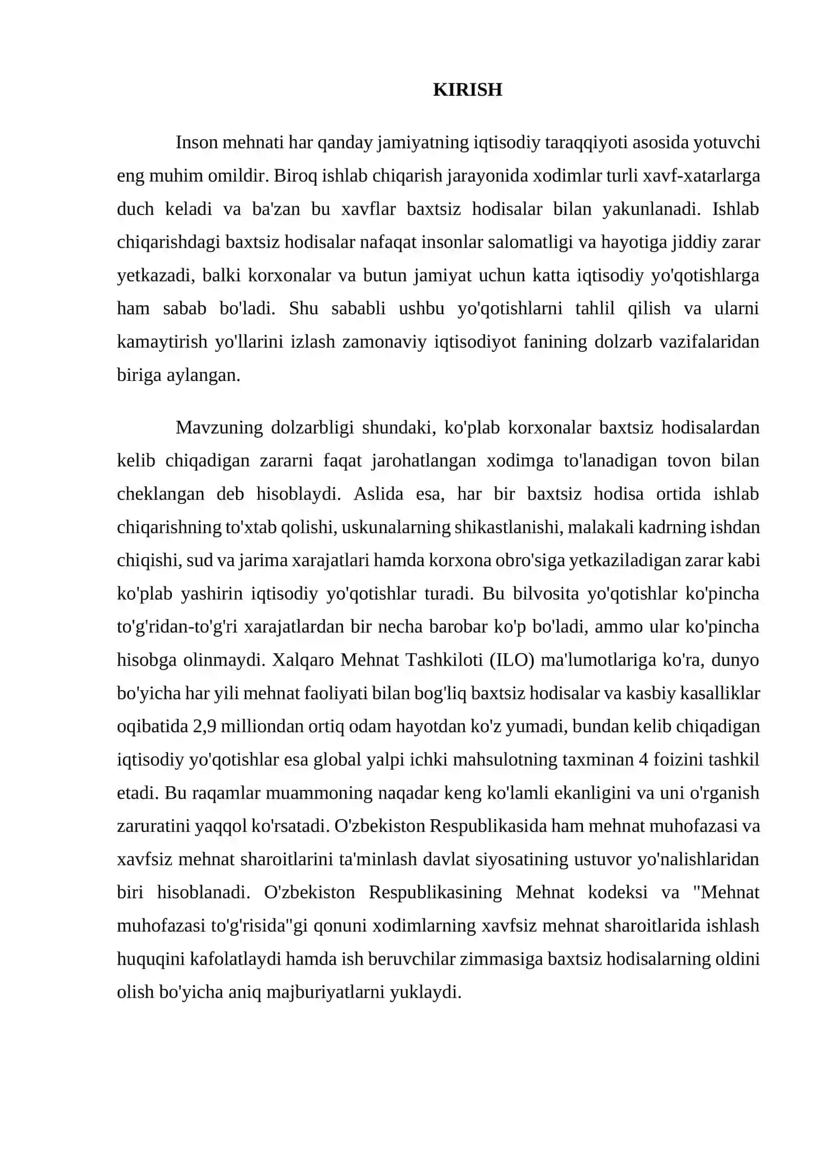 Ishlab chiqarishdagi baxtsiz hodisalar oqibatida yuzaga keladigan iqtisodiy yo‘qotishlarni tahlil qilish 2