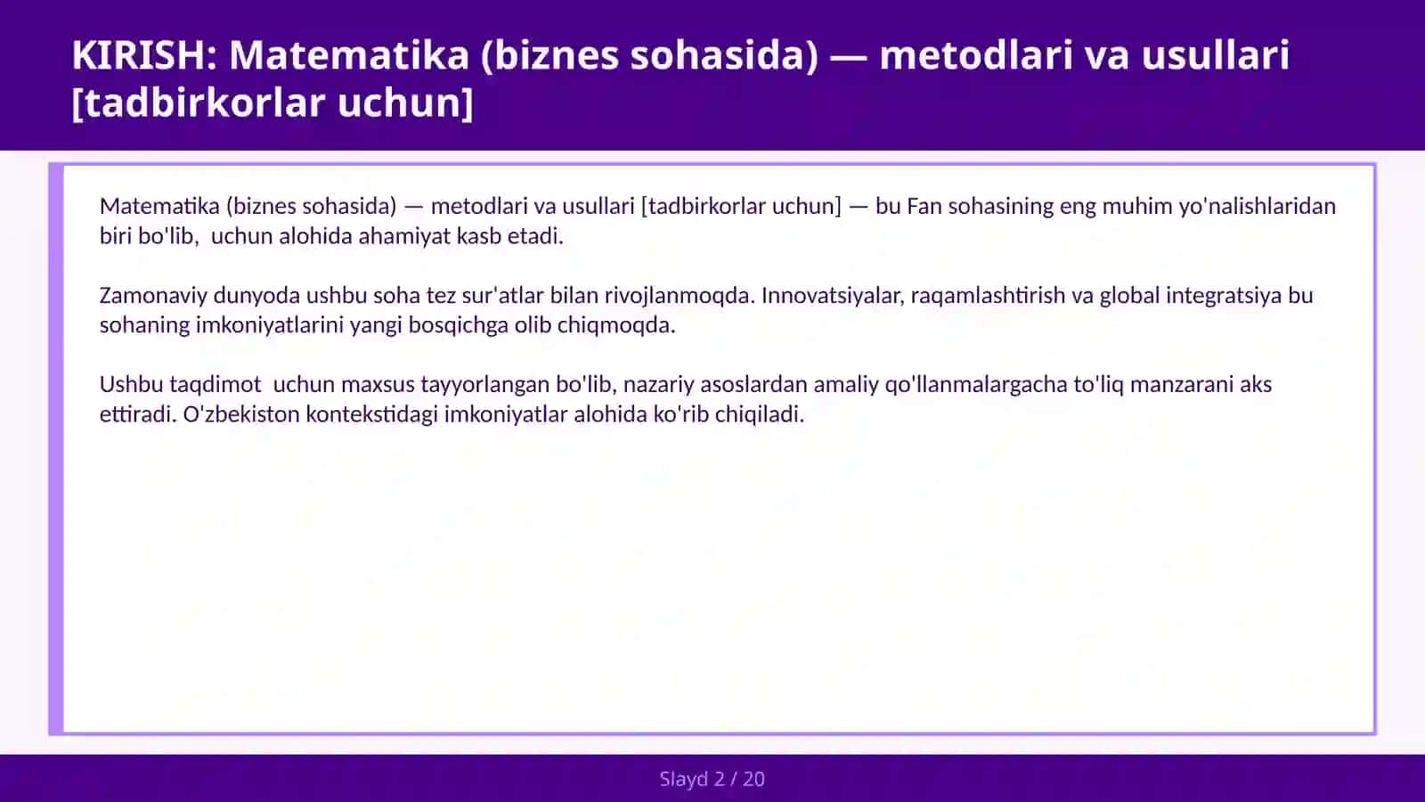 Matematika (biznes sohasida) — metodlari va usullari [tadbirkorlar uchun] 2