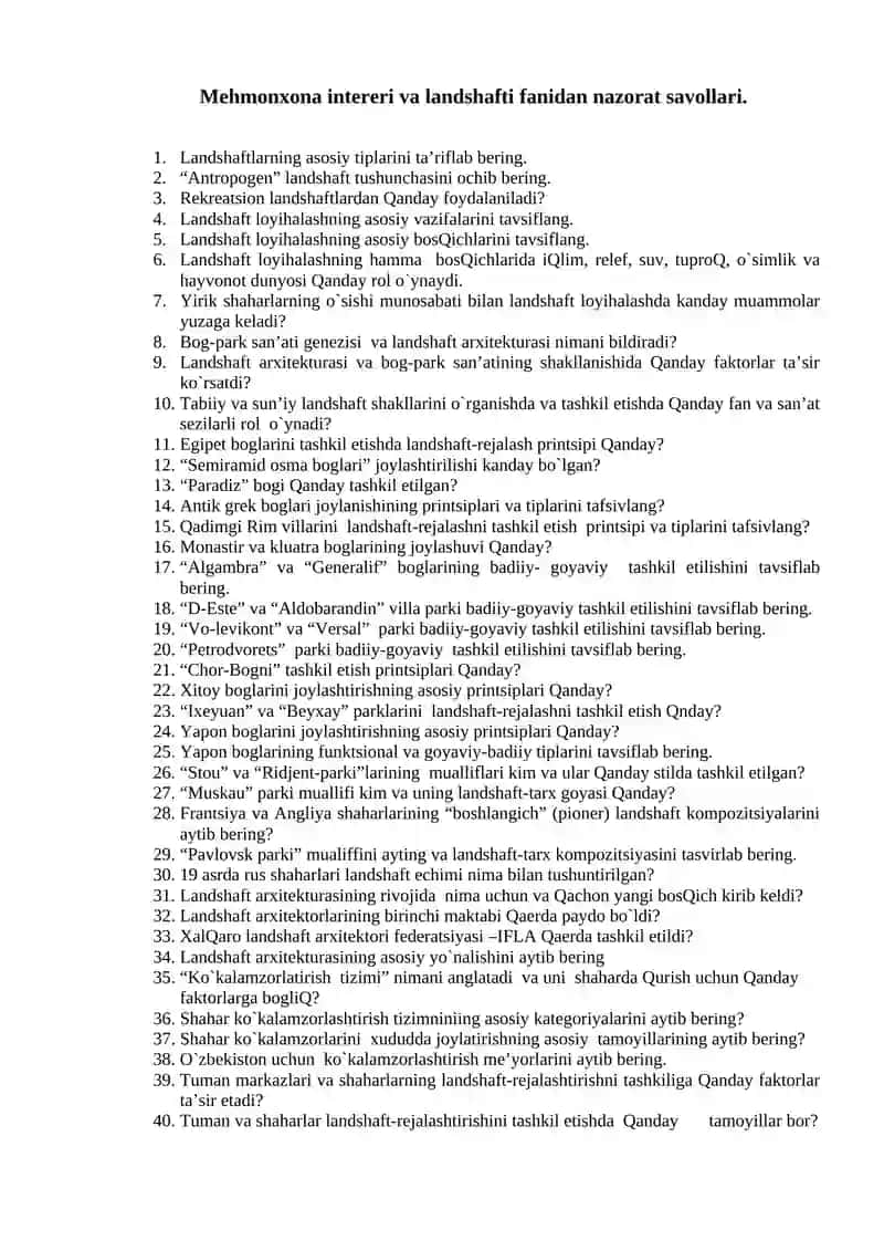 Mehmonxona intereri va landshafti fanidan nazorat savollari 2