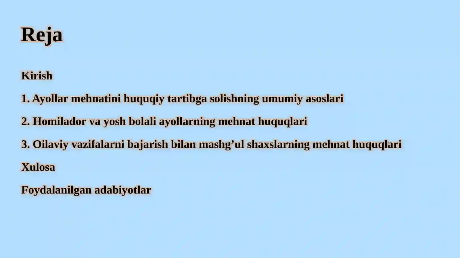 Ayollarning vaoilaviy vazifalarini bajarish bilan mashg’ul shaxslarning mehnatini tartibga solishning o’ziga xos xususiyatlari 2