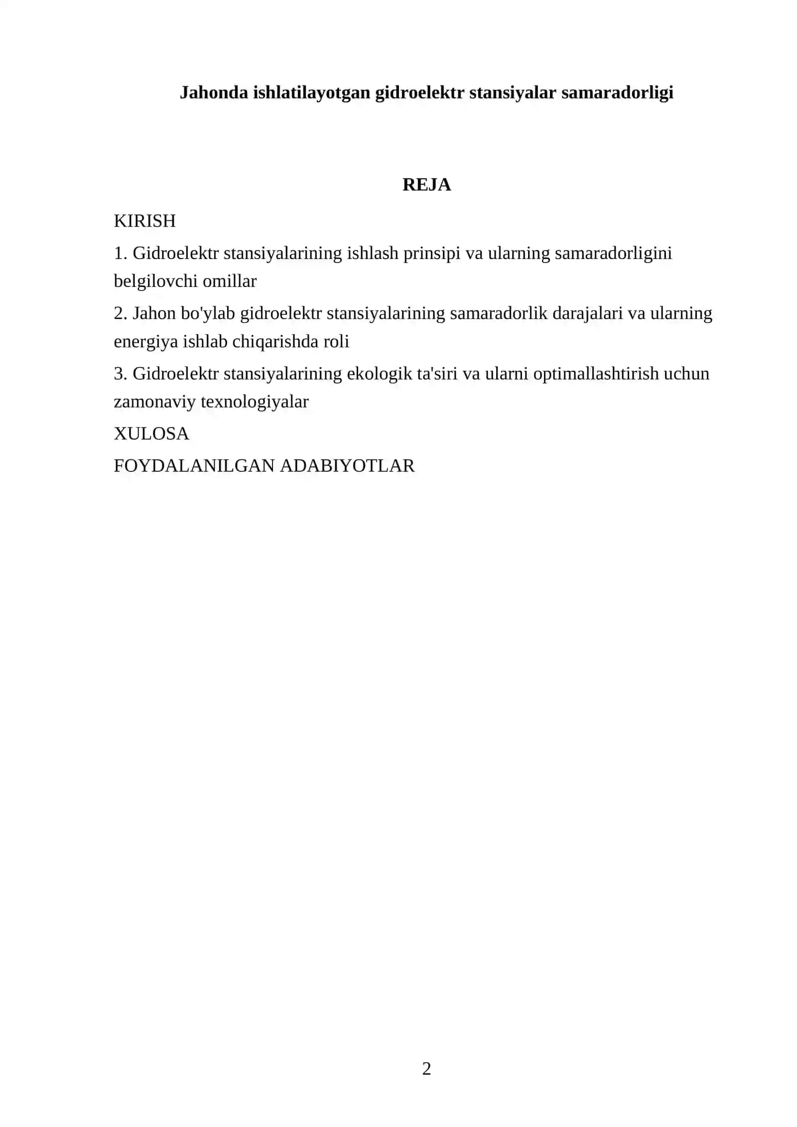 Jahonda ishlatilayotgan gidroelektr stansiyalar samaradorligi 2
