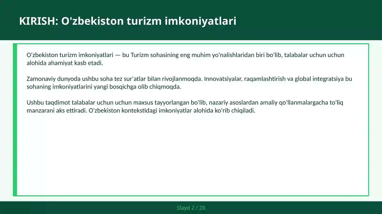 O'zbekiston turizm imkoniyatlari 2