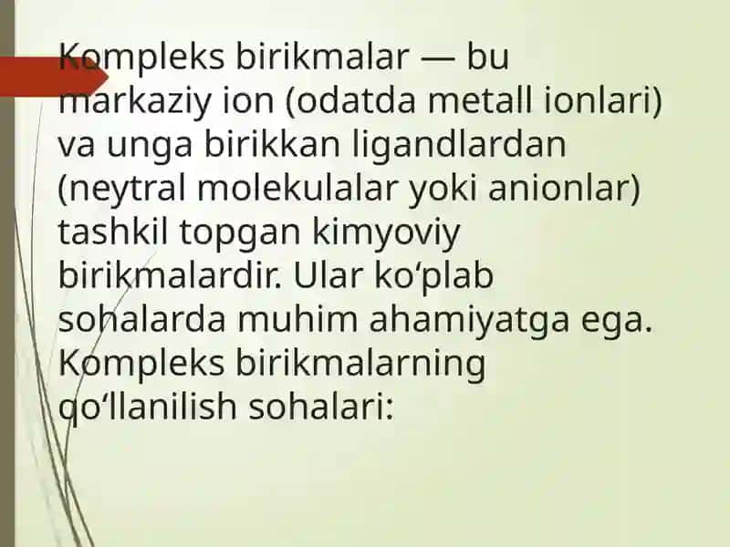 Kompleks birikmalarning qòllanilish sohalari:analitik va organik kimyo ,bionoorganika,kimyoviy texnologiya ,metallkompleksli katalizatorlar. 2
