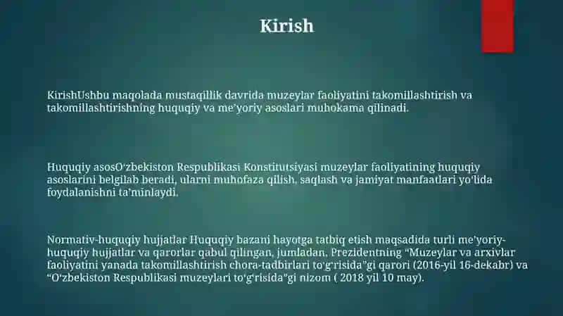 Mustaqillik Davrida Muzeylar Faoliyatini Yaxshilash Va Takomillashtirishga Doir Xuquqiy Normativ Hujjatlar 2