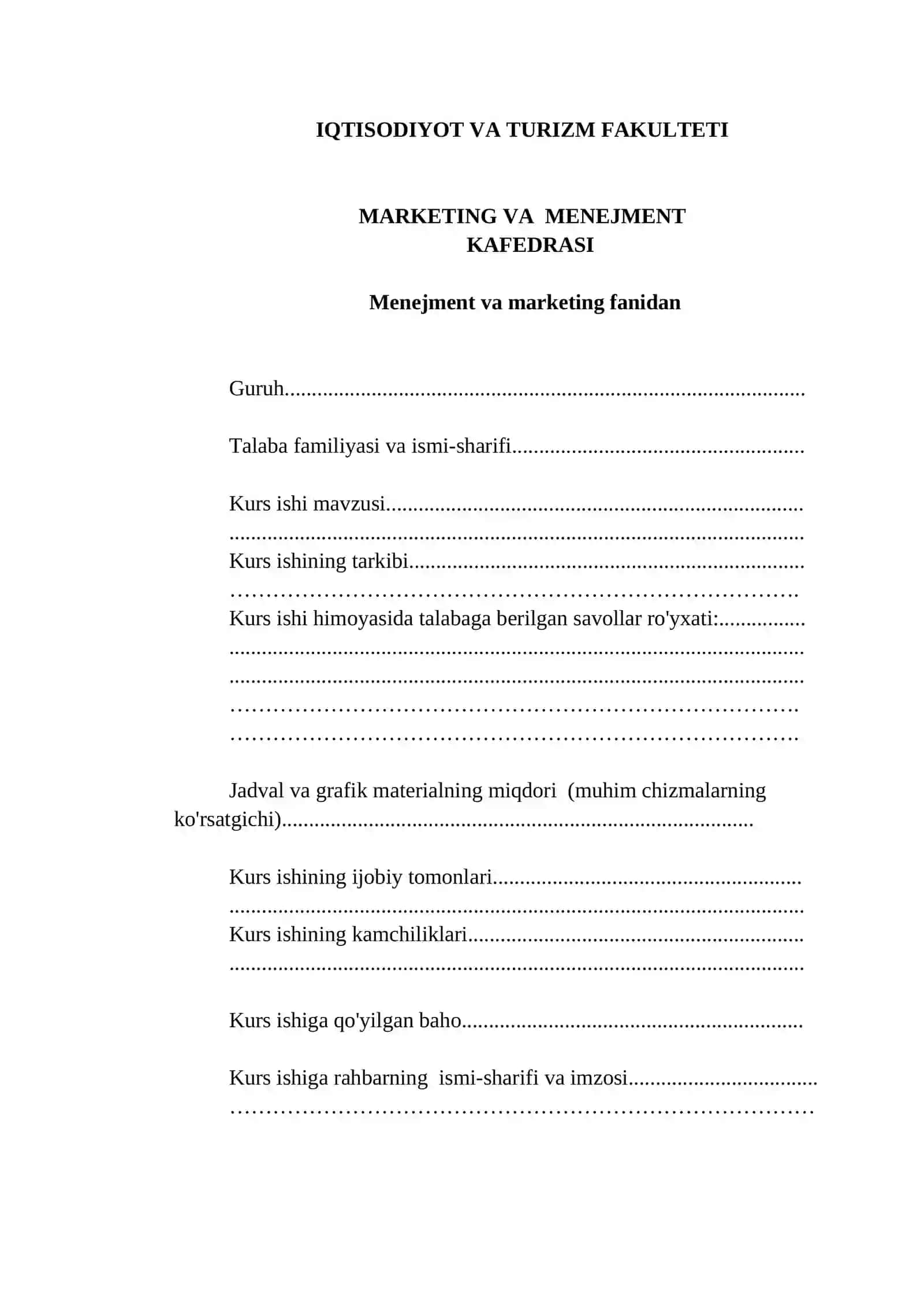 Marketingni boshqarish kurs ishi 2