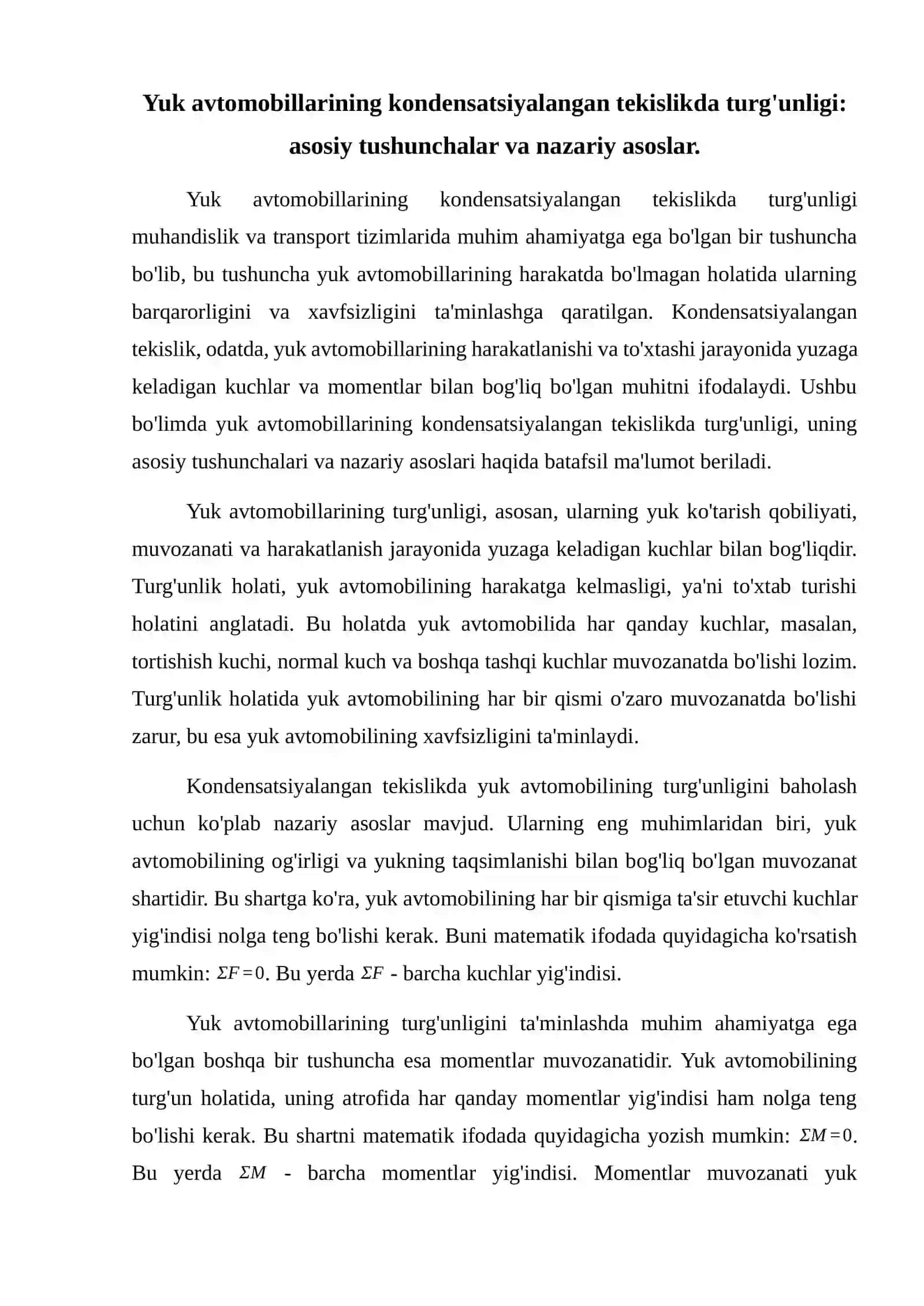 Yuk avtomobillarining kondensatsiyalangan tekislikdagi turg'unligi 2