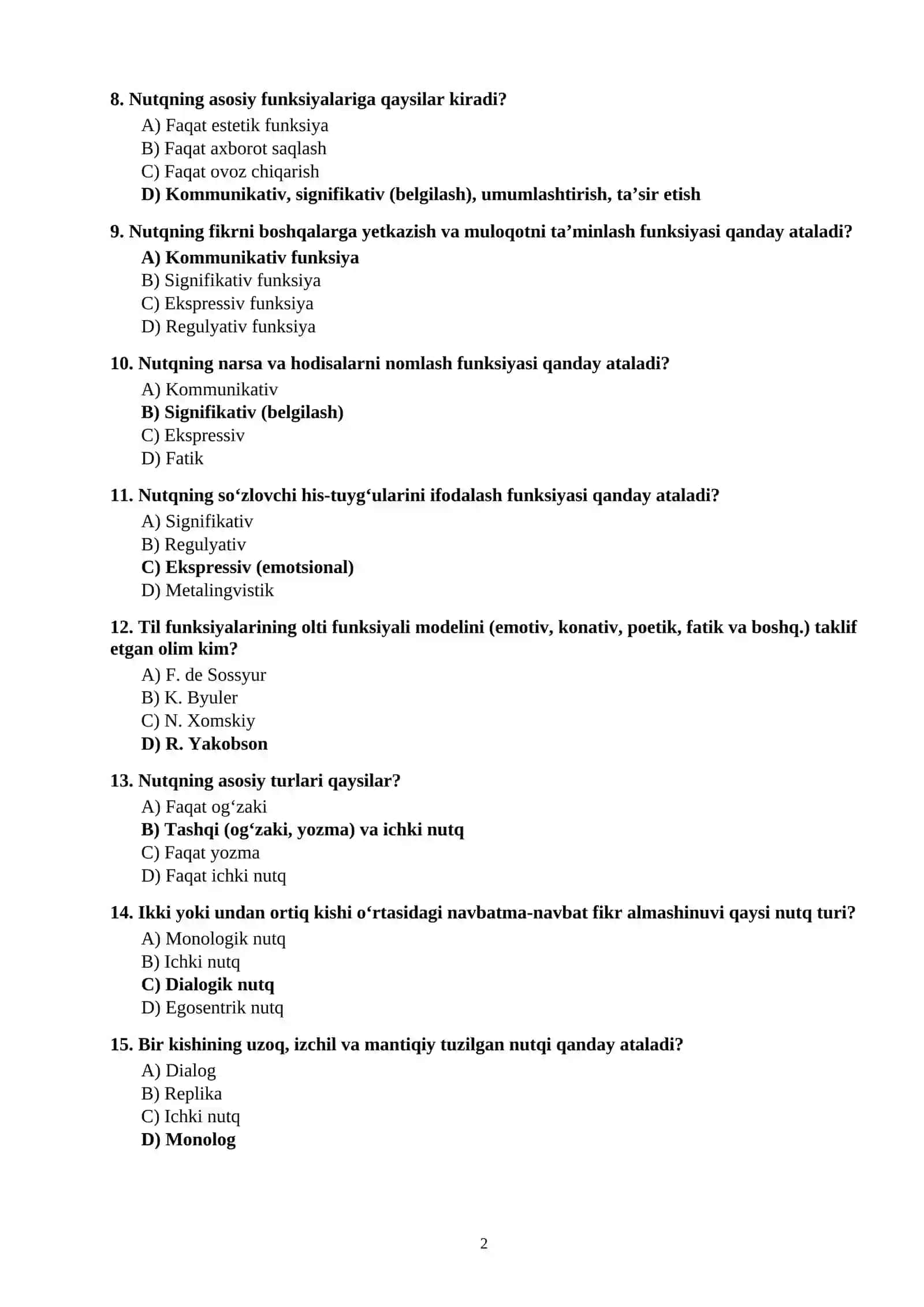 NUTQ PSIXOLOGIYASI DAN 100 TA TEST SAVOLLARI JAVOBLARI BILAN 2