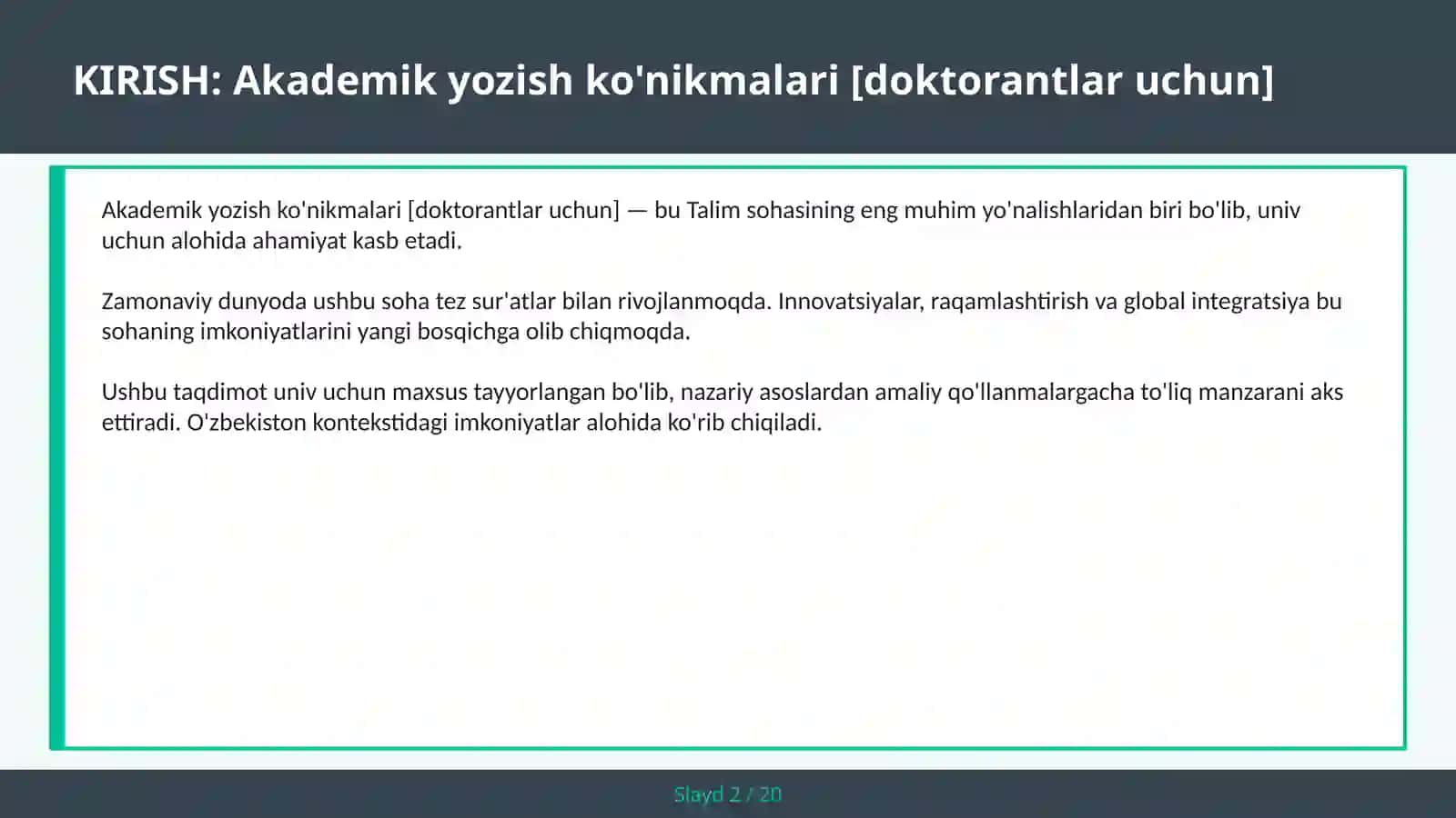 Akademik yozish ko'nikmalari [doktorantlar uchun] 2