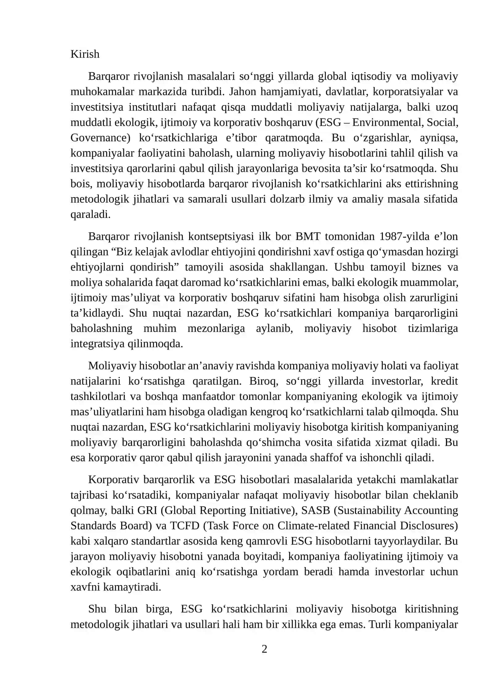 Moliyaviy hisobotda barqaror rivojlanish (ESG) ko'rsatkichlarni aks ettirish metodologiyasi 2