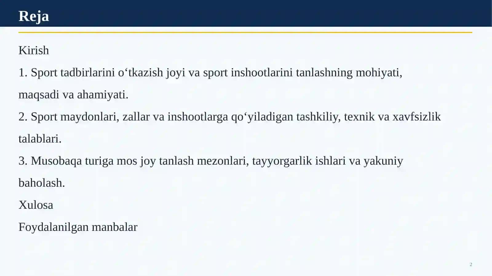 SPORT TADBIRLARINI O‘TKAZISH JOYI VA SPORT INSHOOTLARINI TANLASH 2