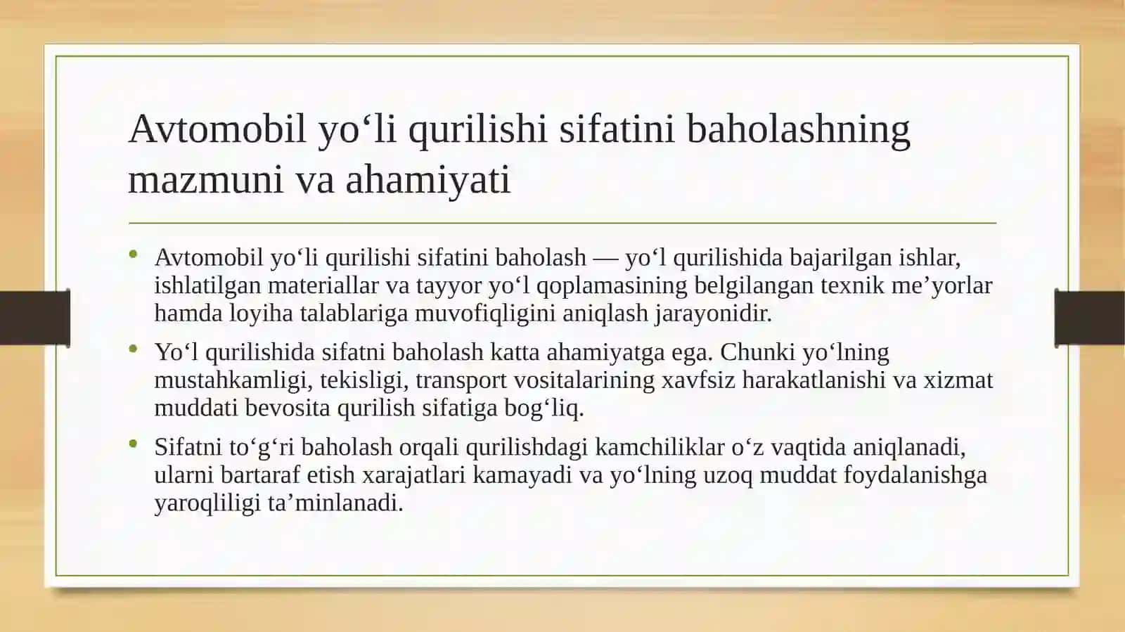 AVTOMOBİL YO‘Lİ QURİLİSHİ SİFATİNİ BAHOLASHNİNG AHAMİYATİ VA UNİ TASHKİL ETİSH 2