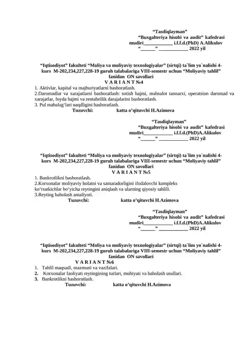 Moliyaviy tahlil fanidan ON savollari 2