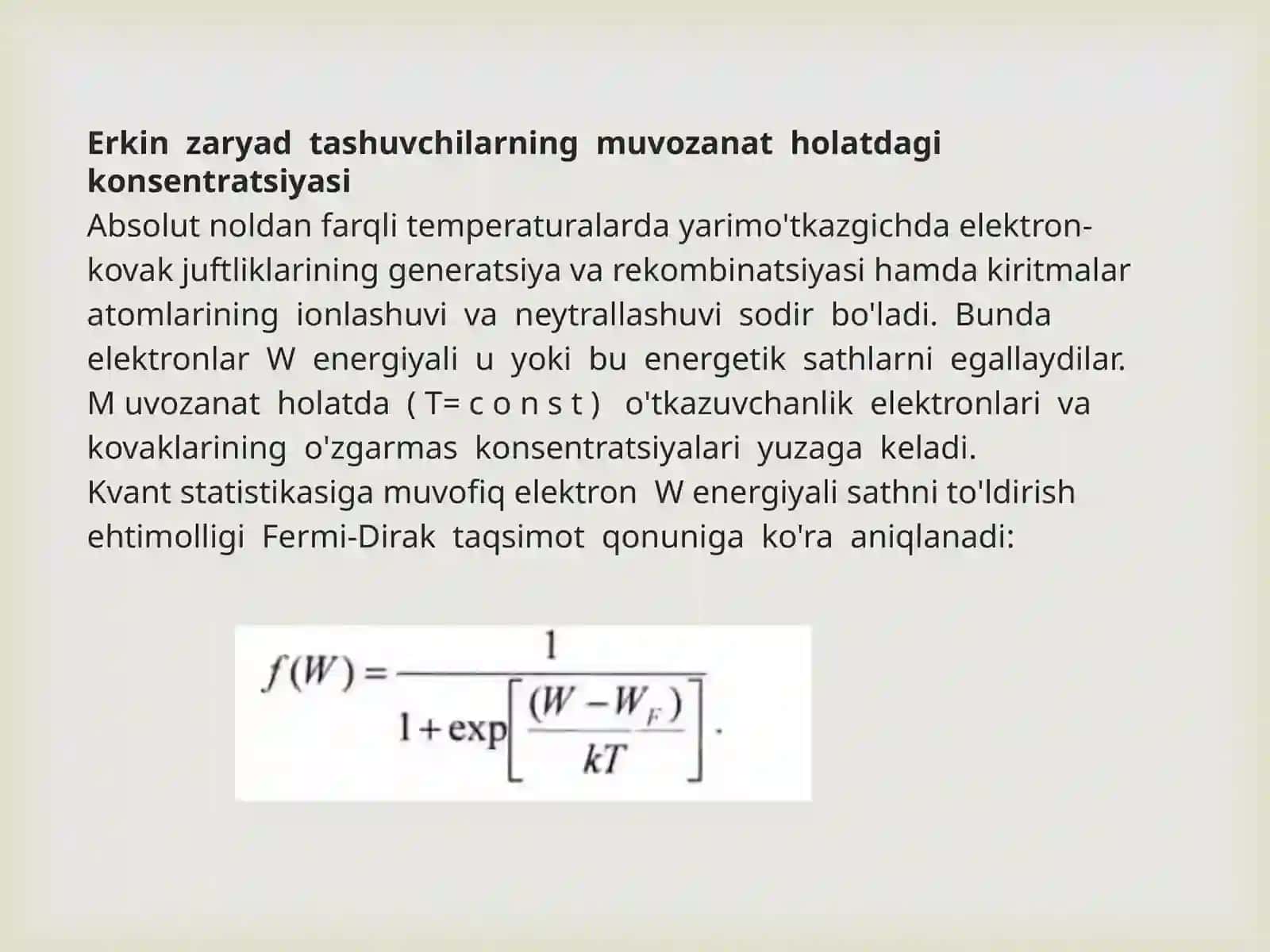 Erkin  zaryad  tashuvchilarning muvozanat  holatdagi konsentratsiyasi 2