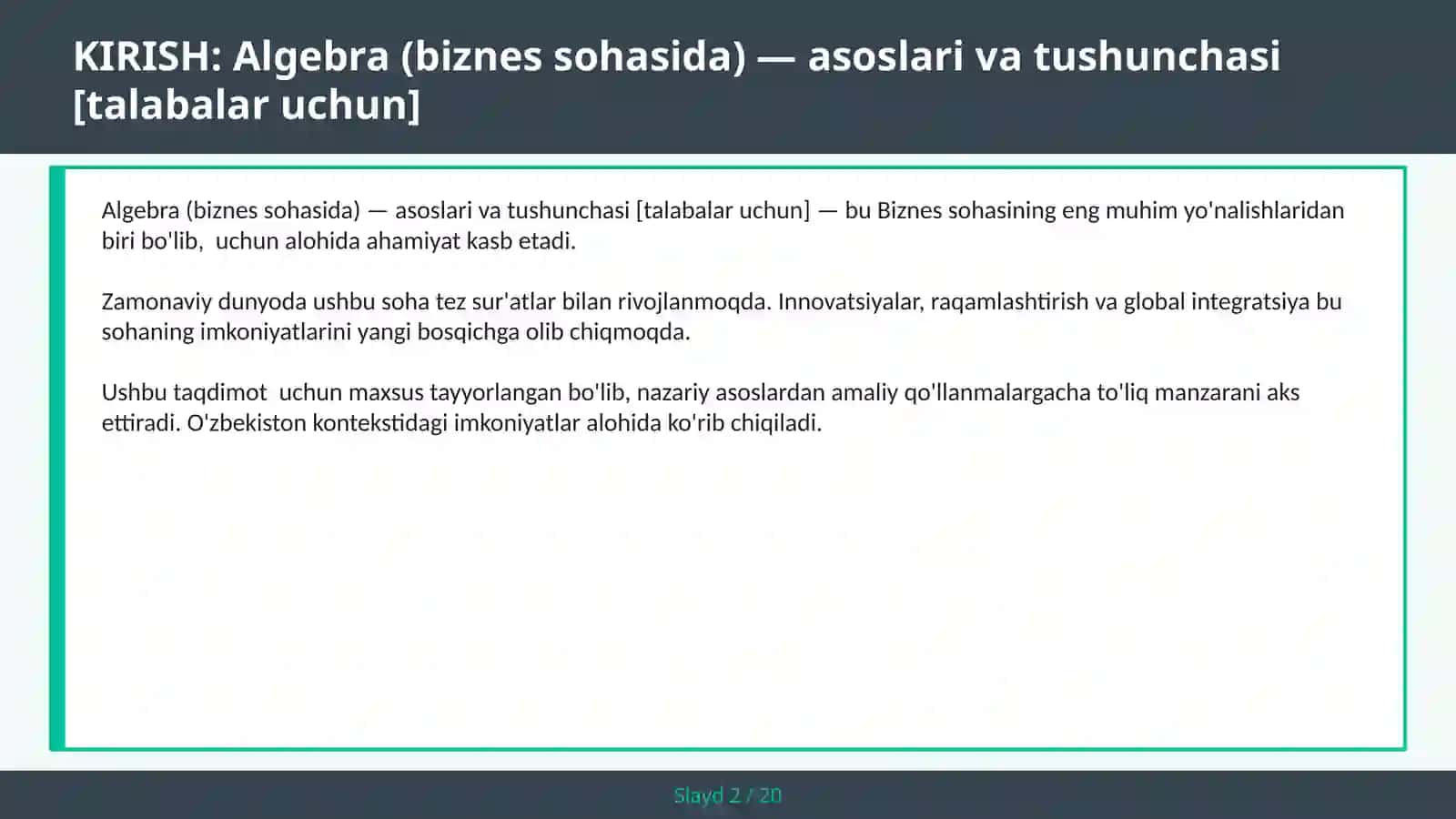 Algebra (biznes sohasida) — asoslari va tushunchasi [talabalar uchun] 2