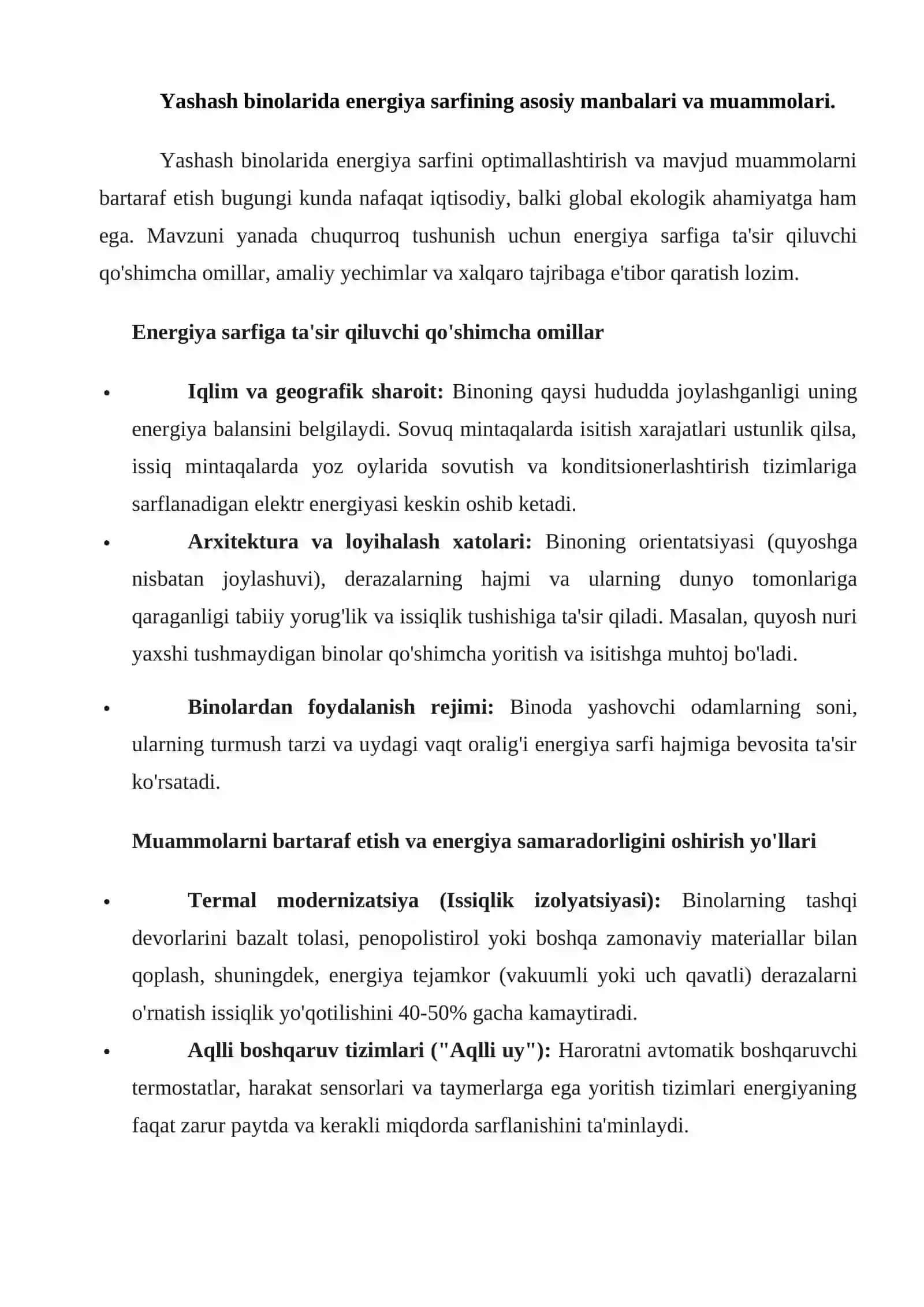 Yashash binolarida energosarflarni tejash usullarini tahlil qilish 2