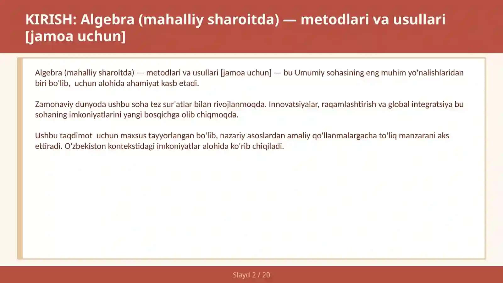Algebra (mahalliy sharoitda) — metodlari va usullari [jamoa uchun] 2