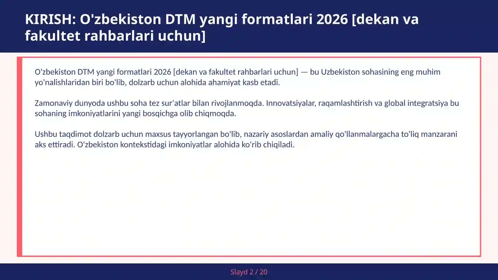 O'zbekiston DTM yangi formatlari 2026 [dekan va fakultet rahbarlari uchun] 2