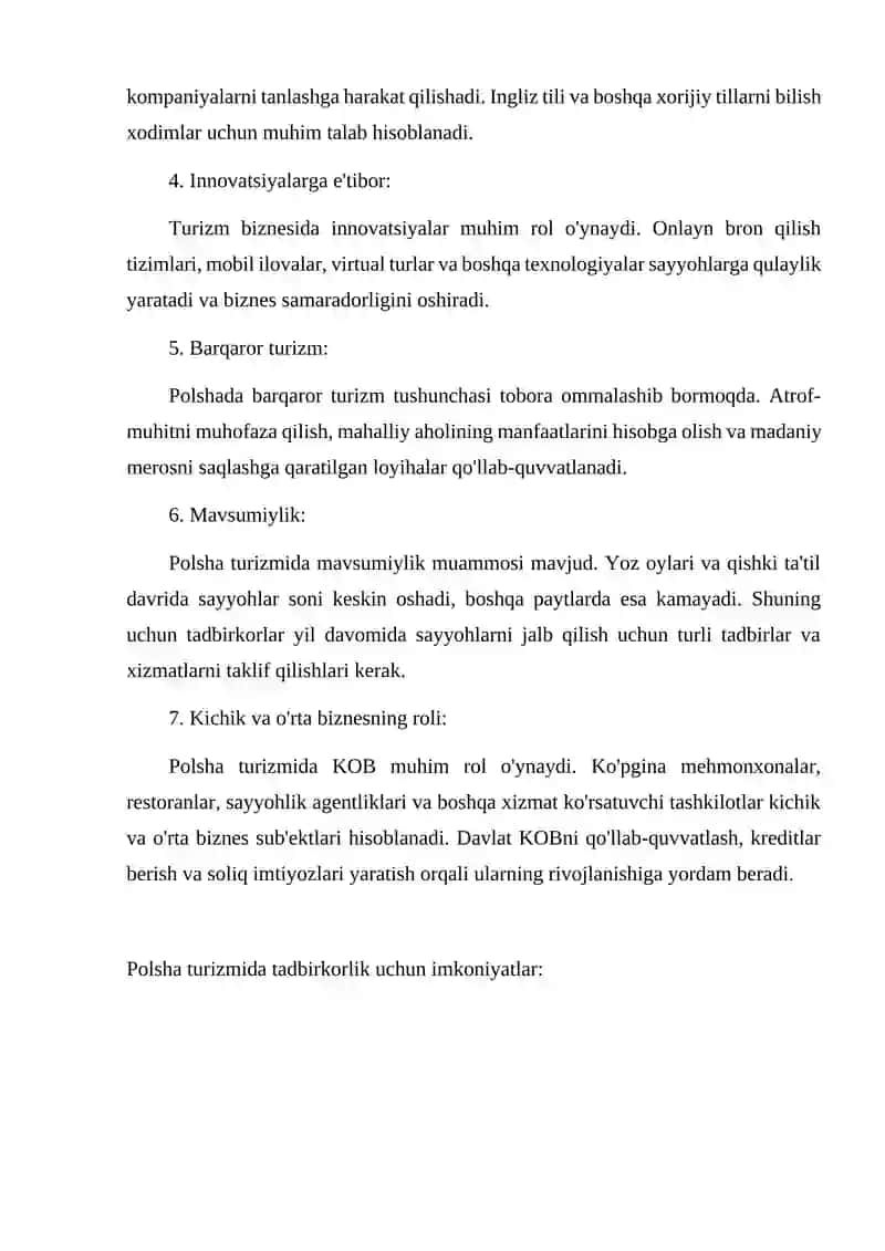 Turizmda biznes va tadbirkorlikning oziga xos xususiyatlari ( Polsha davlati misolida) 2