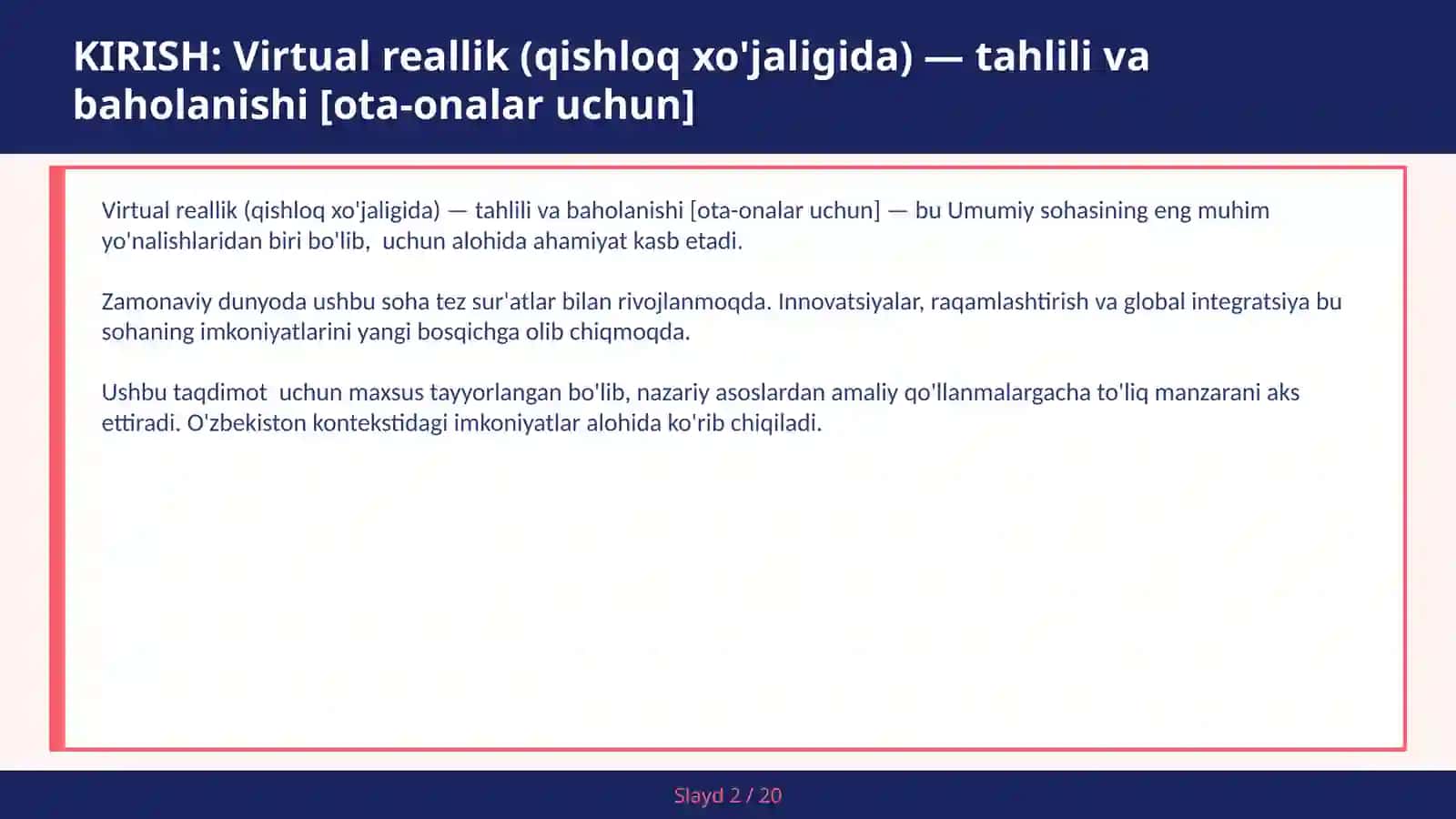 Virtual reallik (qishloq xo'jaligida) — tahlili va baholanishi [ota-onalar uchun] 2