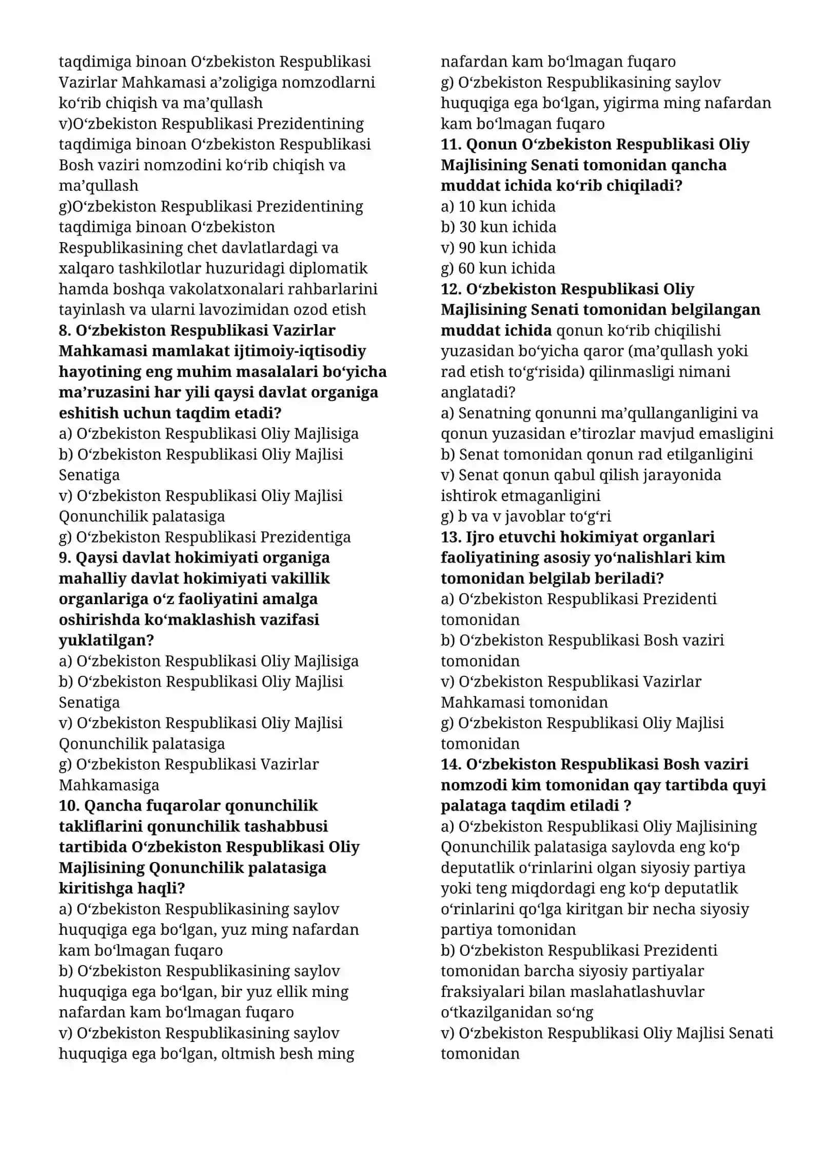 YANGI TAHRIRDAGI O’ZBEKISTON RESPUPLIKASI KONSTITUSIYA fanidan yakuniy nazorat test savollari 2