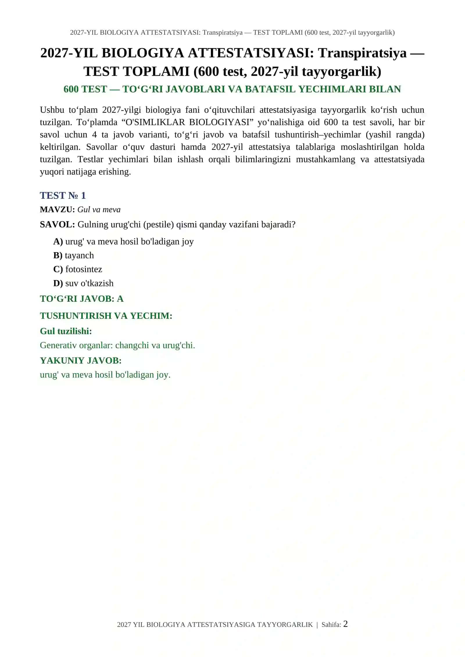 2027-YIL BIOLOGIYA ATTESTATSIYASI: Transpiratsiya — TEST TOPLAMI (600 test, 2027-yil tayyorgarlik) 2