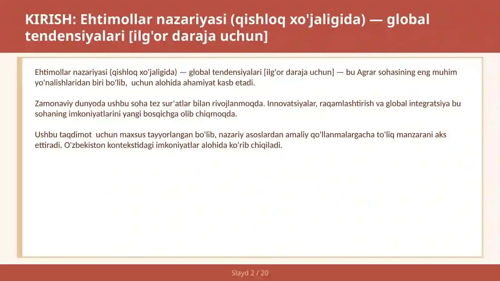 Ehtimollar nazariyasi (qishloq xo'jaligida) — global tendensiyalari 2