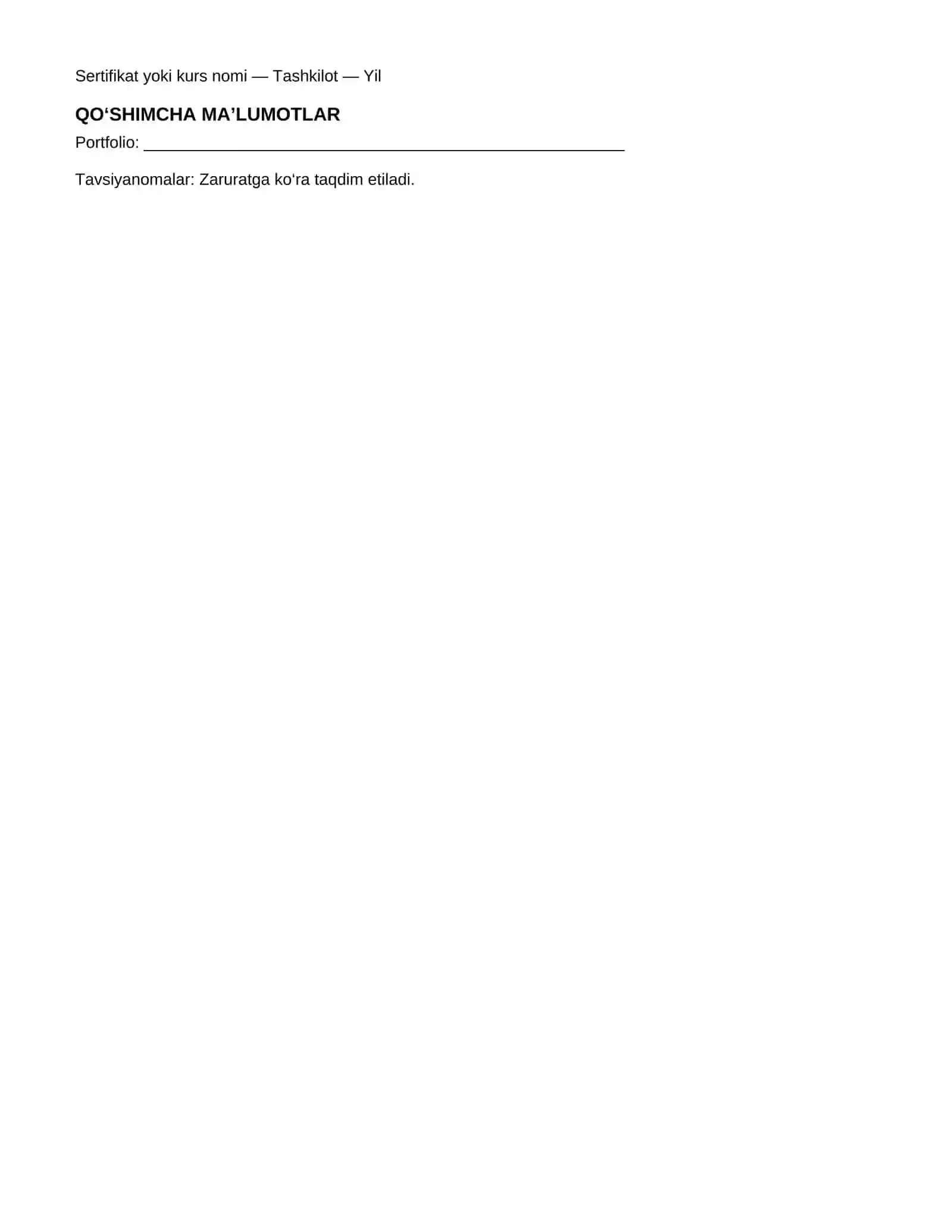 O‘zbek tilidagi zamonaviy CV va rezyume shabloni — Word formatida 2