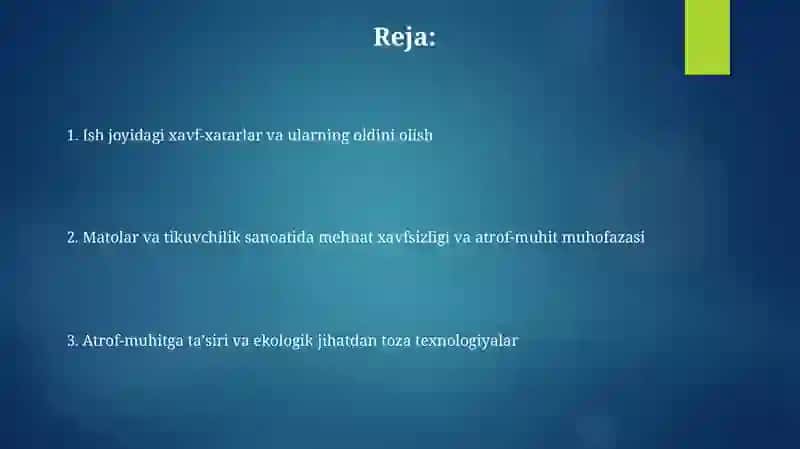 Tòqimachilik va tikuv sanoatida mehnat muhofazasi va ekologik xavfsizlik 2