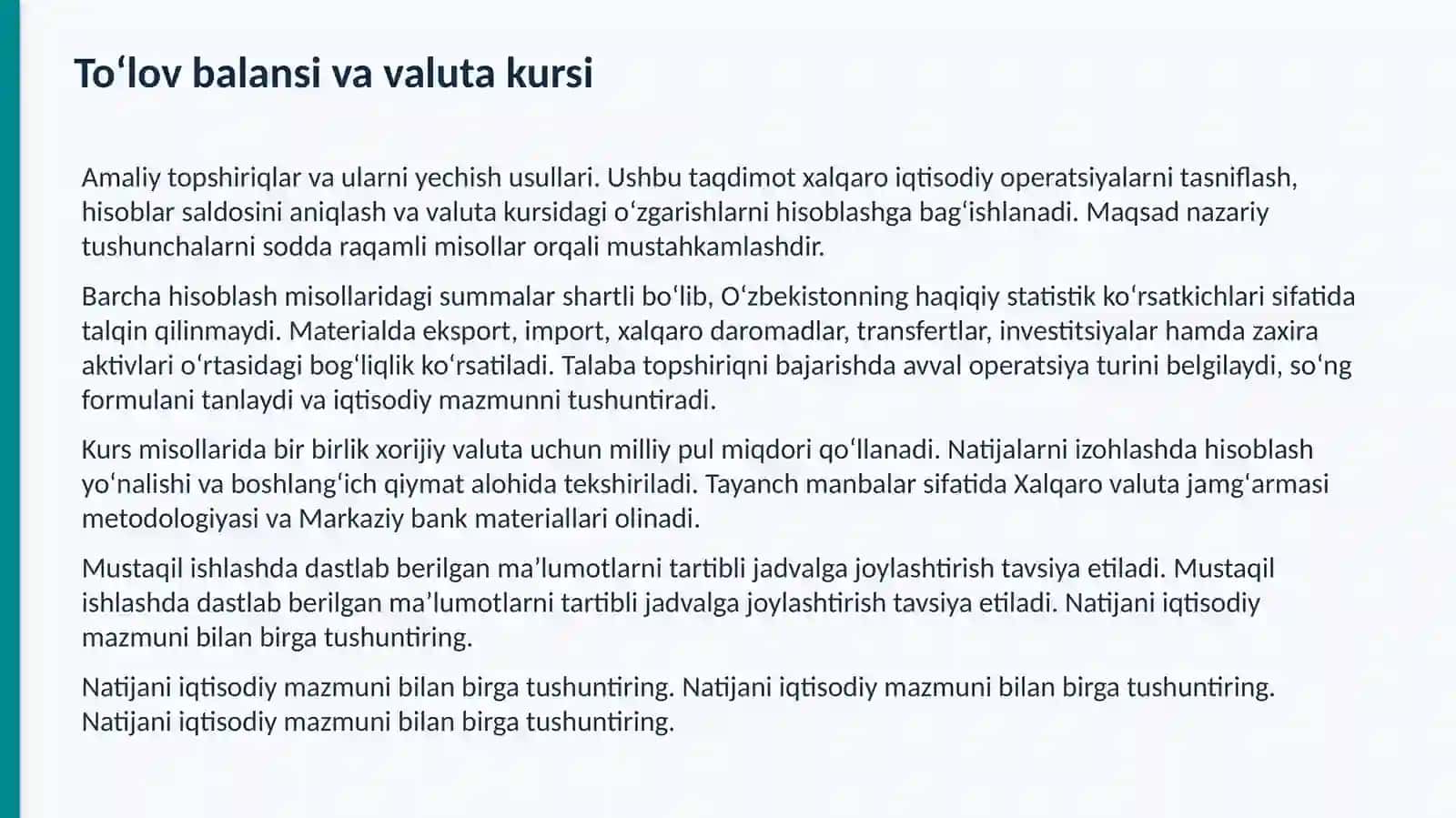 Toʻlov balansi va valuta kursiga oid amaliy topshiriqlar 2