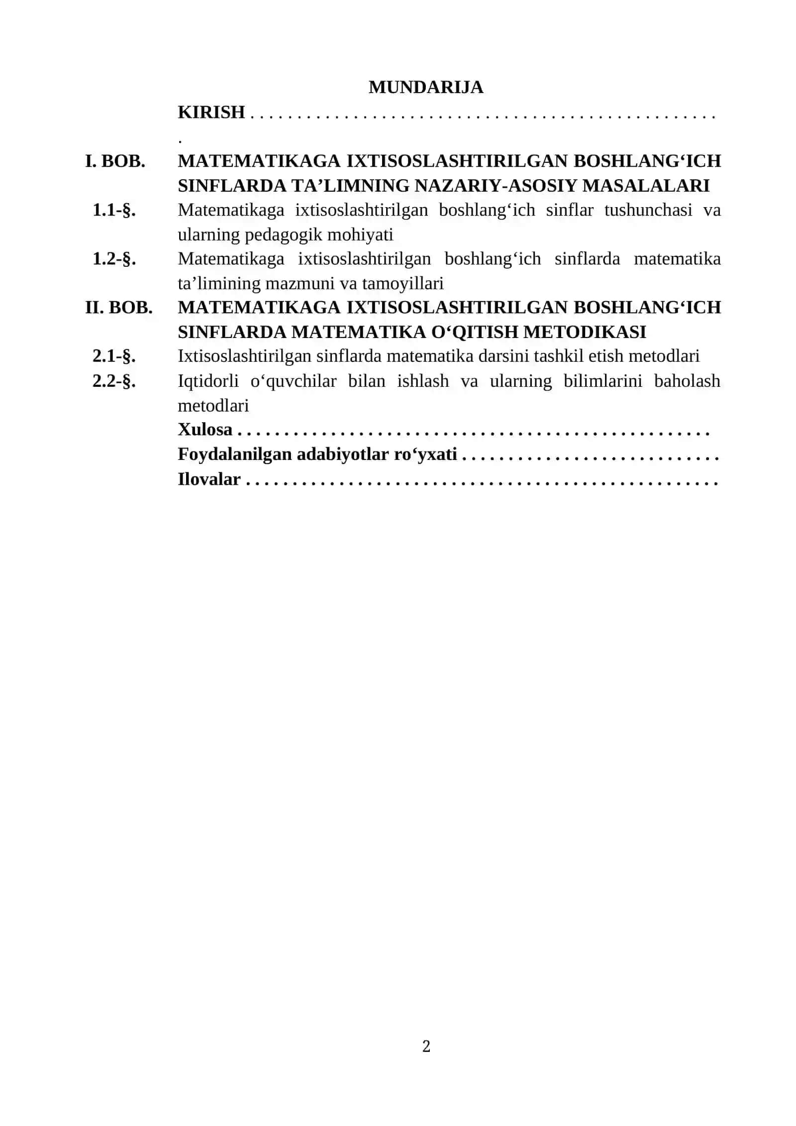 MATEMATIKAGA IXTISOSLASHTIRILGAN BOSHLANG‘ICH SINFLARDA MATEMATIKA O‘QITISH METODIKASI 2