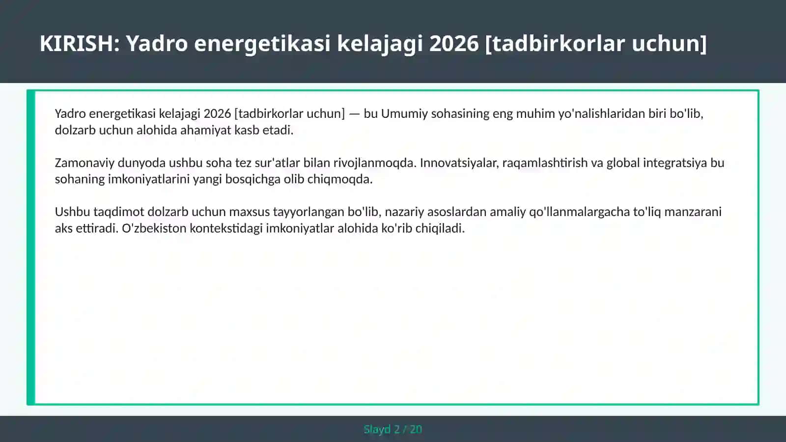 Yadro energetikasi kelajagi 2026 [tadbirkorlar uchun] 2
