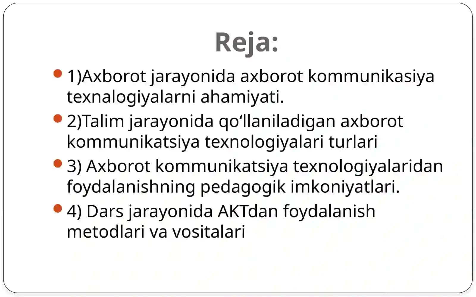 Axborot kommunikasiya texnalogiyalarni talim jarayonida qo'llash. 2