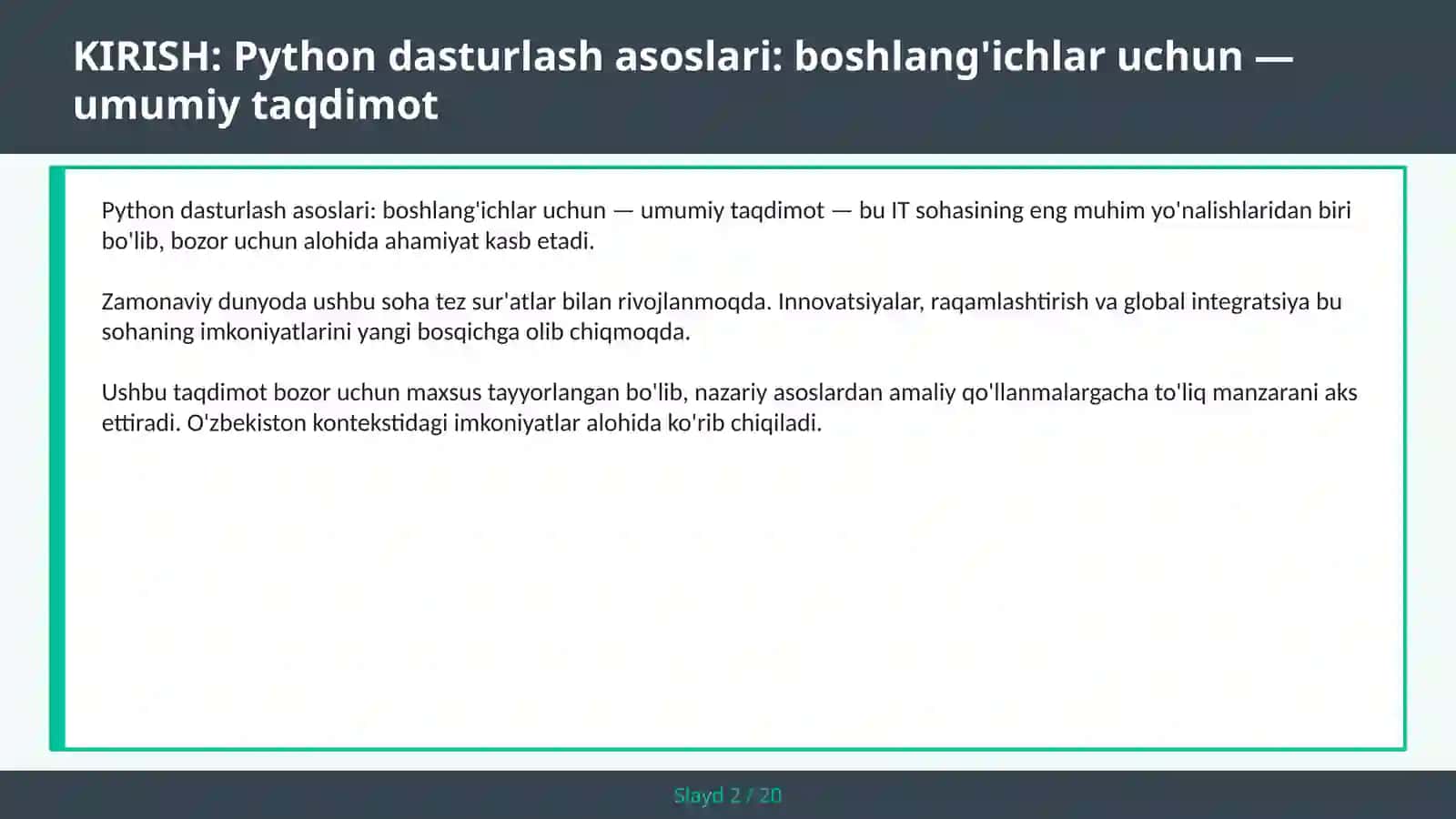 Python Dasturlash Asoslari: Boshlang'ichlar uchun - Umumiy Taqdimot 2
