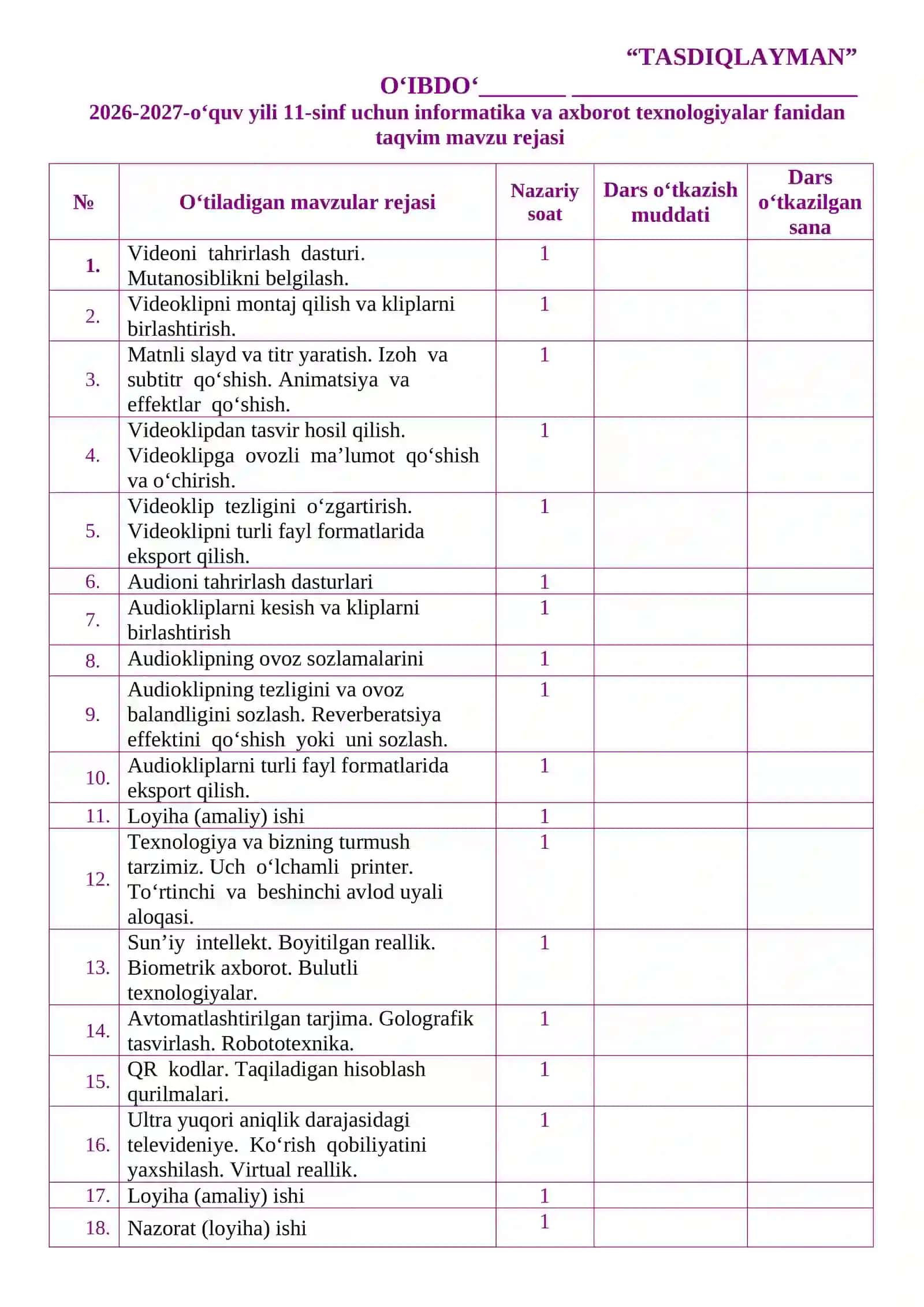 11-sinf Informatika — yillik dars konspektlari 2