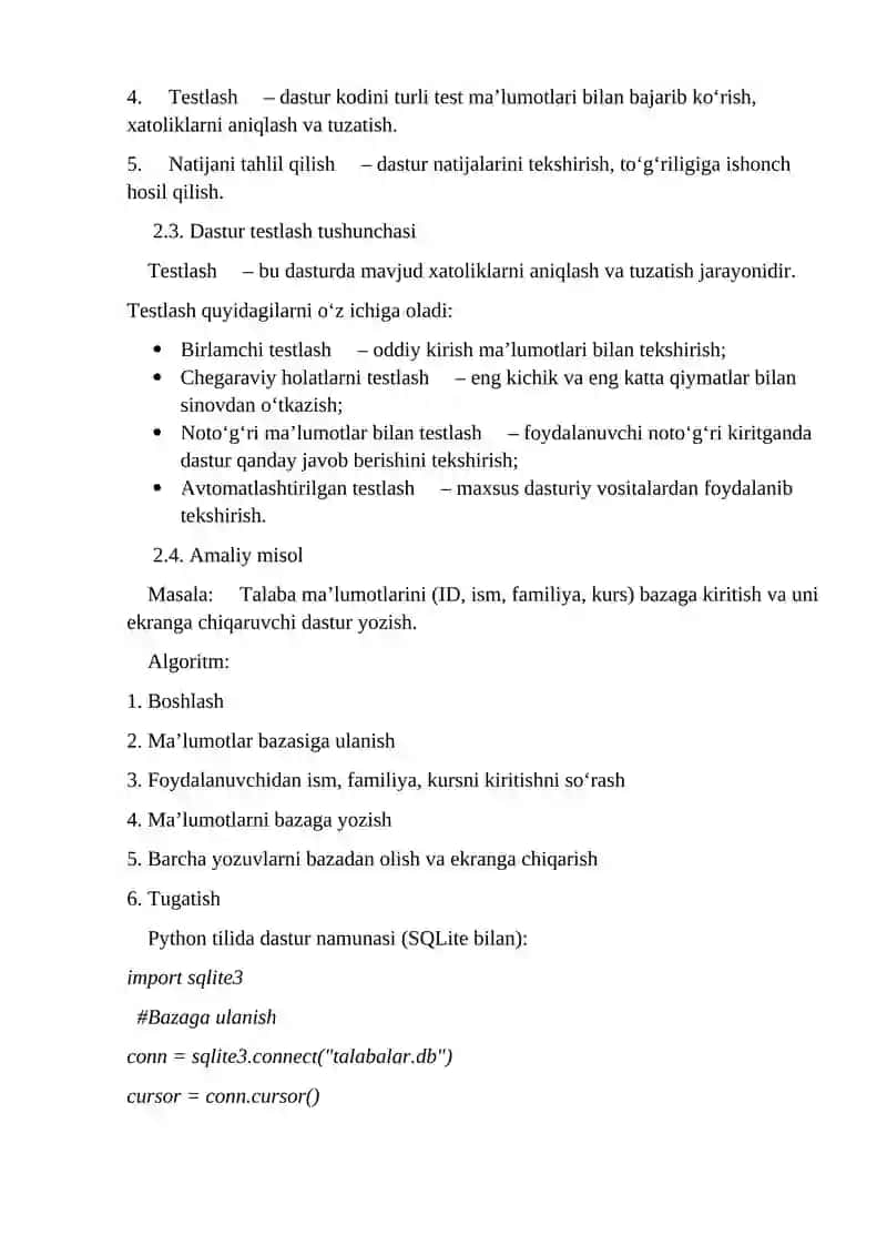 Yuqori darajali algoritm tilida dastur yozish, yozilgan programmani testlash 2