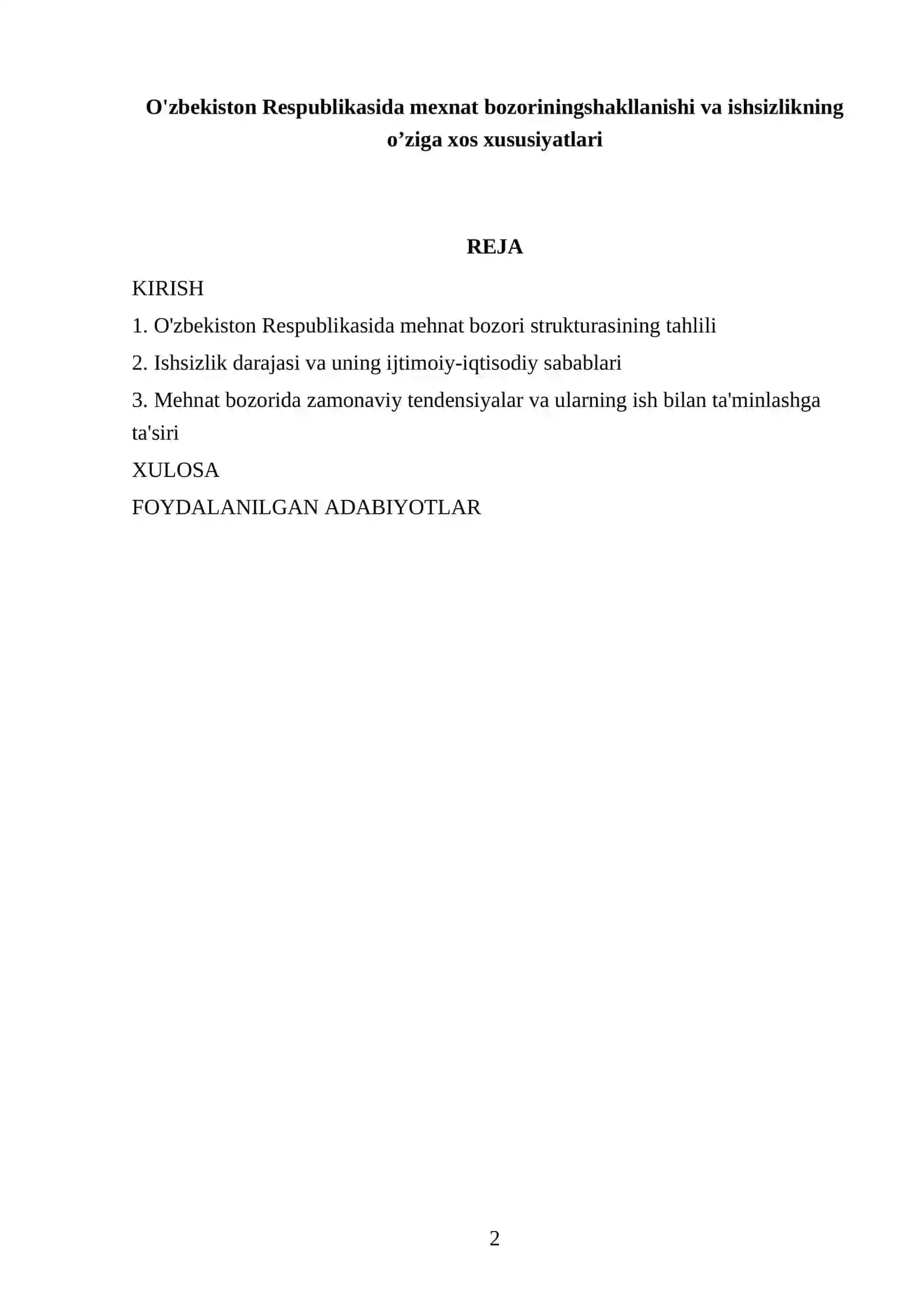 O'zbekiston Respublikasida mexnat bozorining shakllanishi va ishsizlikning o’ziga xos xususiyatlari 2