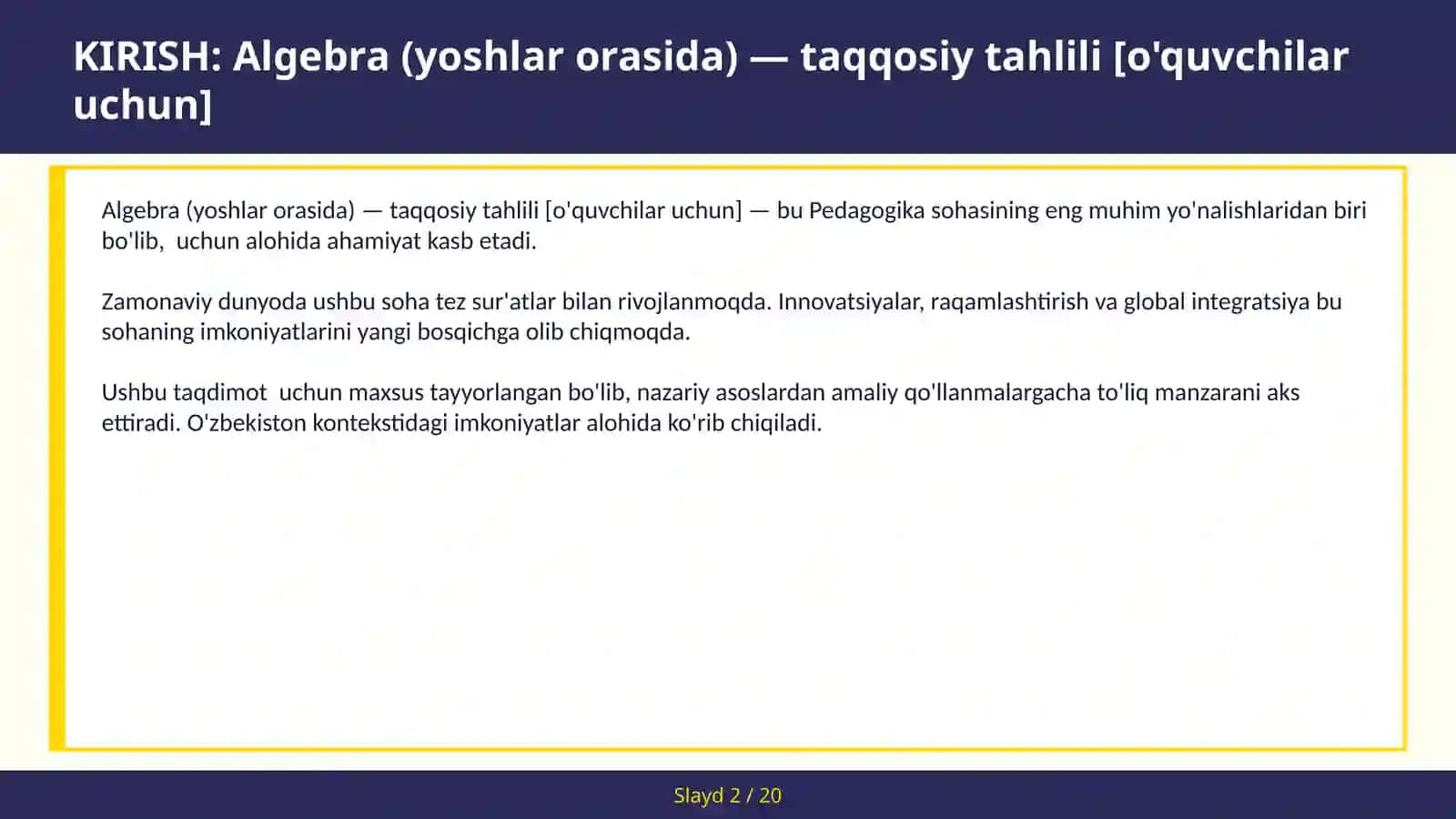 Algebra (yoshlar orasida) — taqqosiy tahlili [o'quvchilar uchun] 2