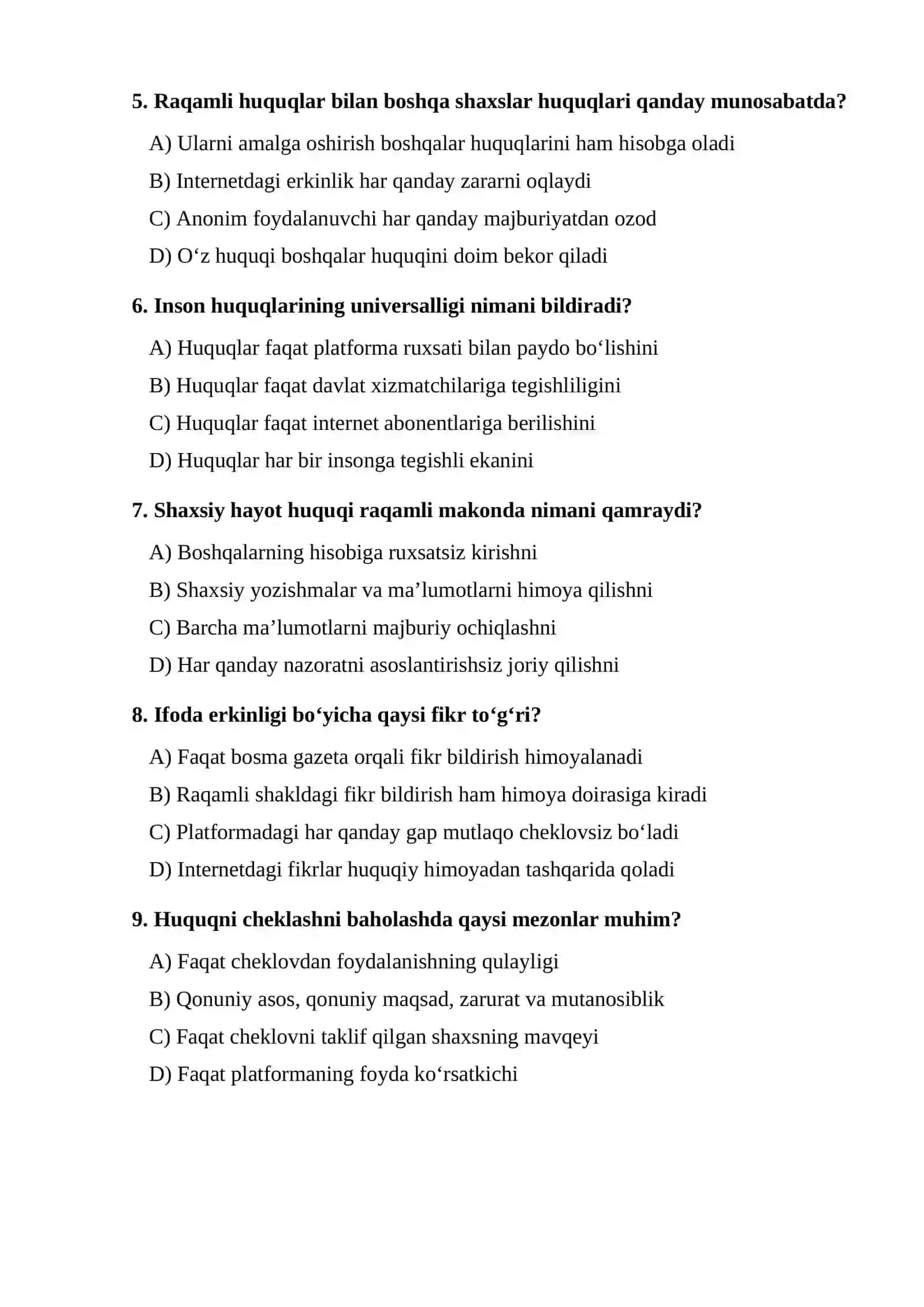 Asosiy raqamli inson huquqlari mavzusi bo‘yicha TEST 2