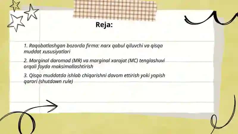Raqobatlashgan bozorda qisqa muddatli oraliqda firma foydasini maksimallashtirish 2