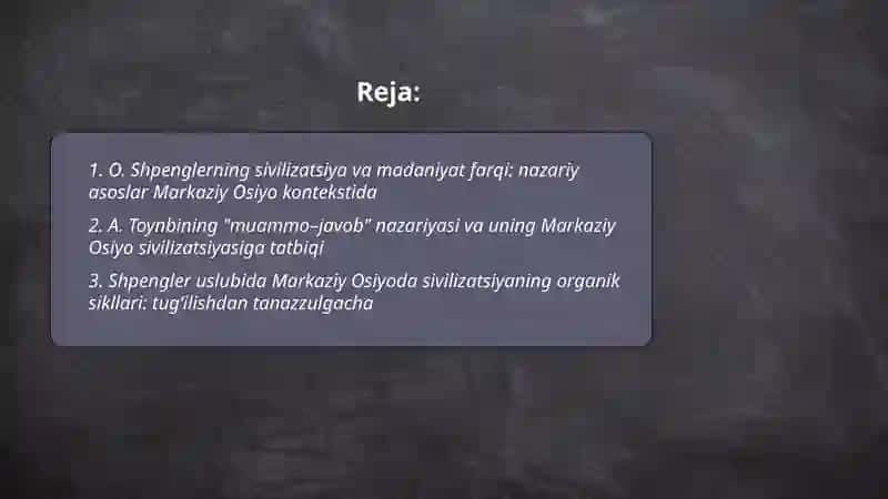 Markaziy Osiyo hududida taraqqiy etgan sivilizatsiyani O.Shpengler va A. Toynbining klassifikatsiyasiga koʻra tasvirlab bering ( Falsafa) 2