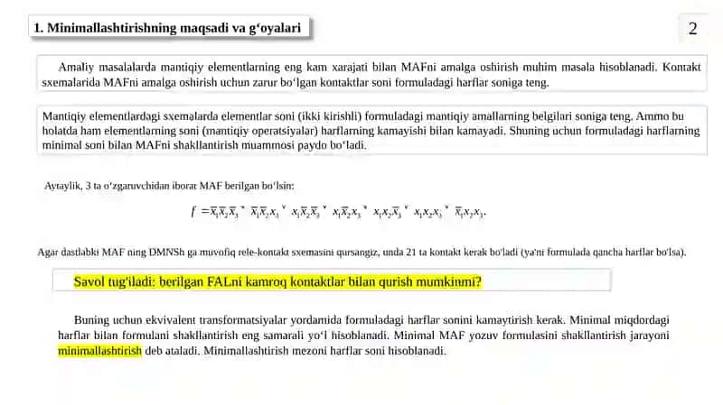 Mantiq algebrasi funksiyalarini minimallashtirish 2
