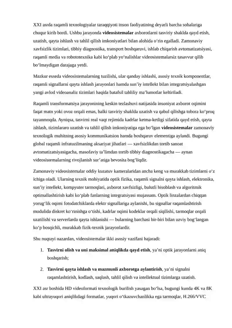 VIDEOSISTEMALAR TUZILISHI VA ISHLASH PRINSIPLARI 2