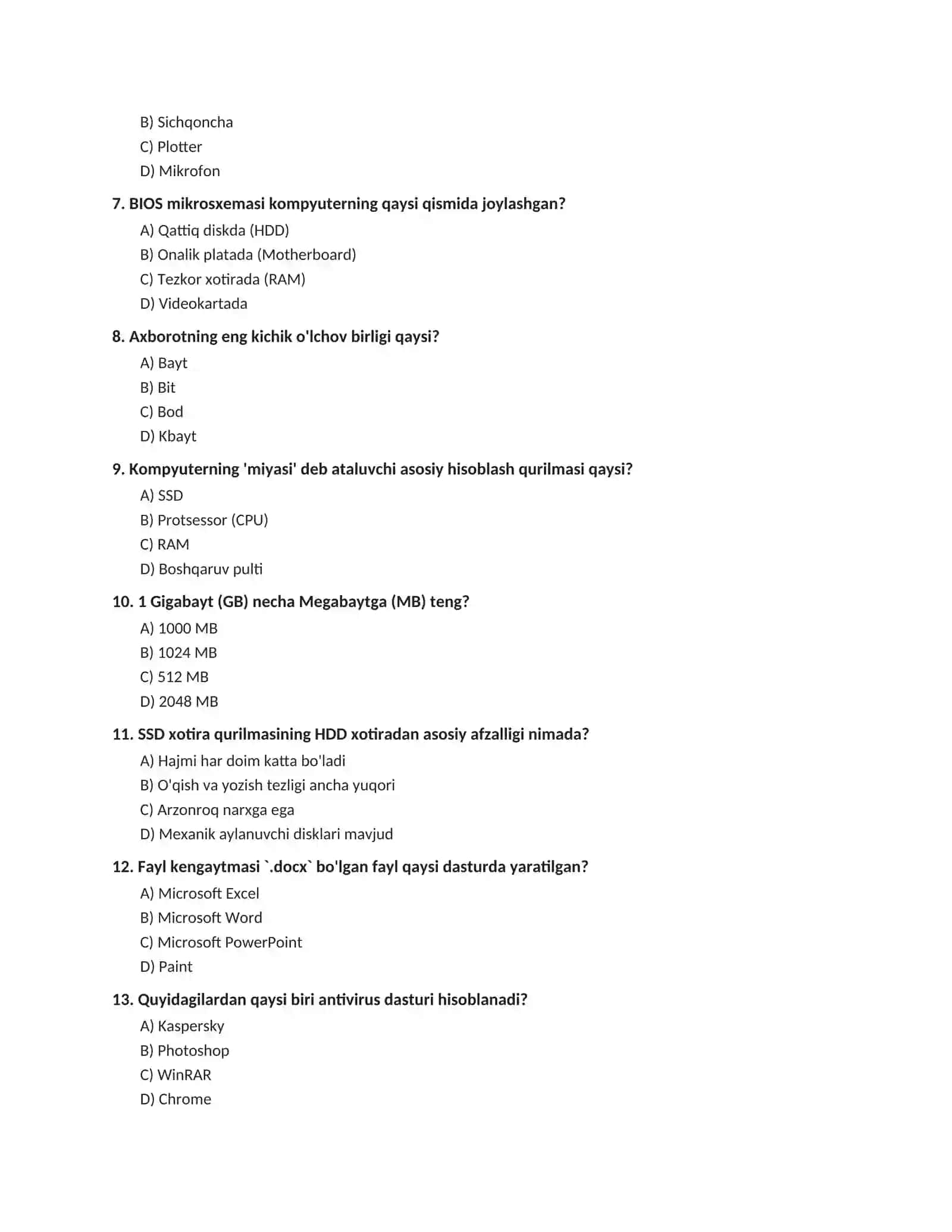 Informatika va Dasturlash Asoslari: Mantiq, Algoritm va AKT bo'yicha 100+ Professional Testlar To'plami (Javoblari bilan) 2