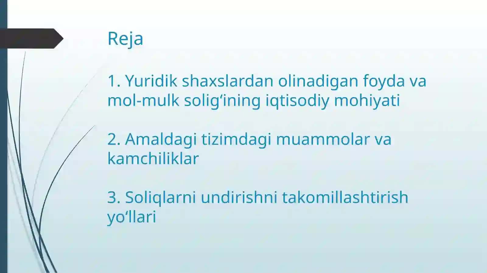 Yuridik shaxslardan olinadigan foyda va mol-mulk soligʻiniundirishni takomillashtirish masalalari 2