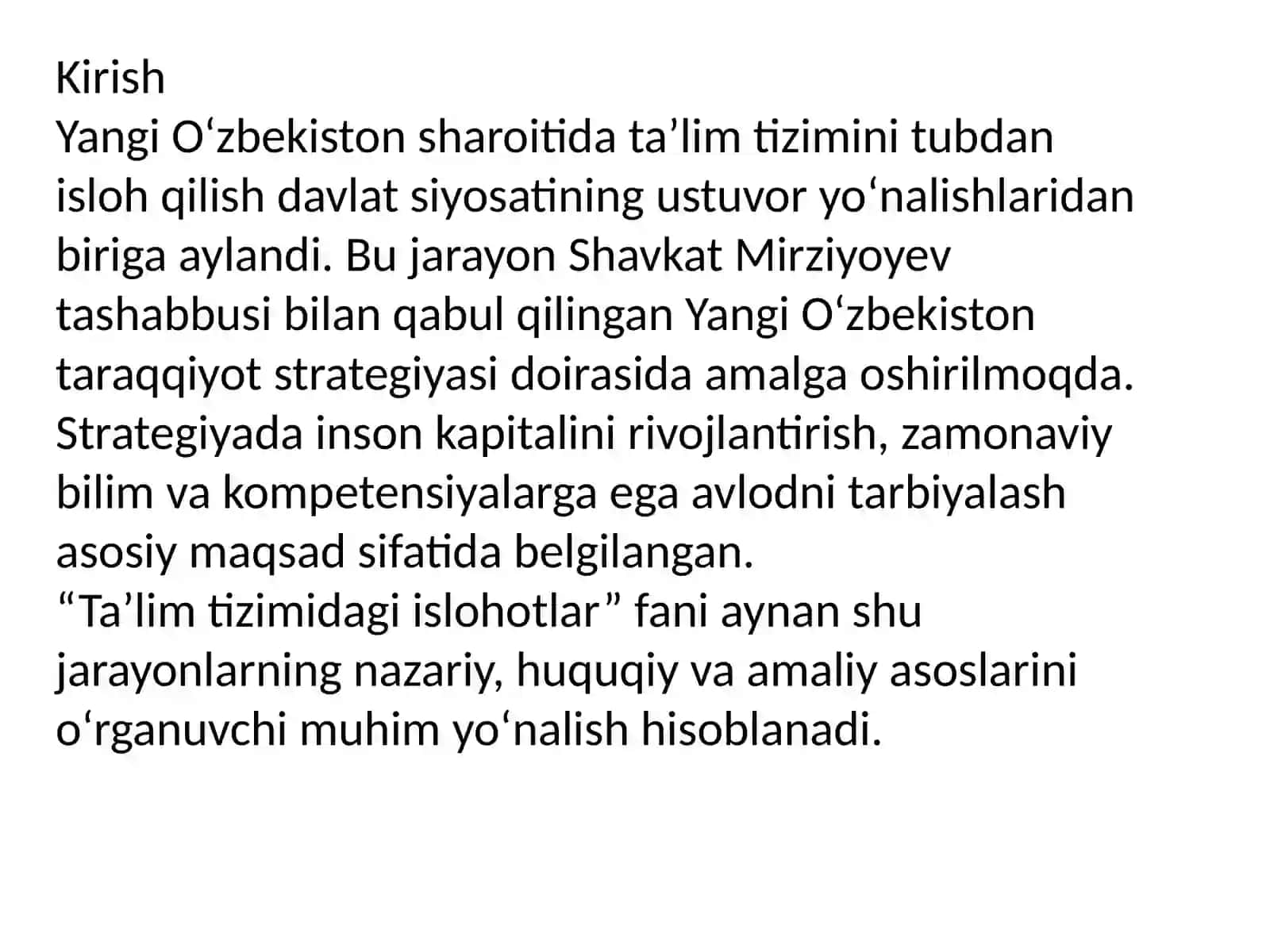 Ta'lim tizimidagi islohotlar fanining mazmun-mohiyati va ahamiyati 2