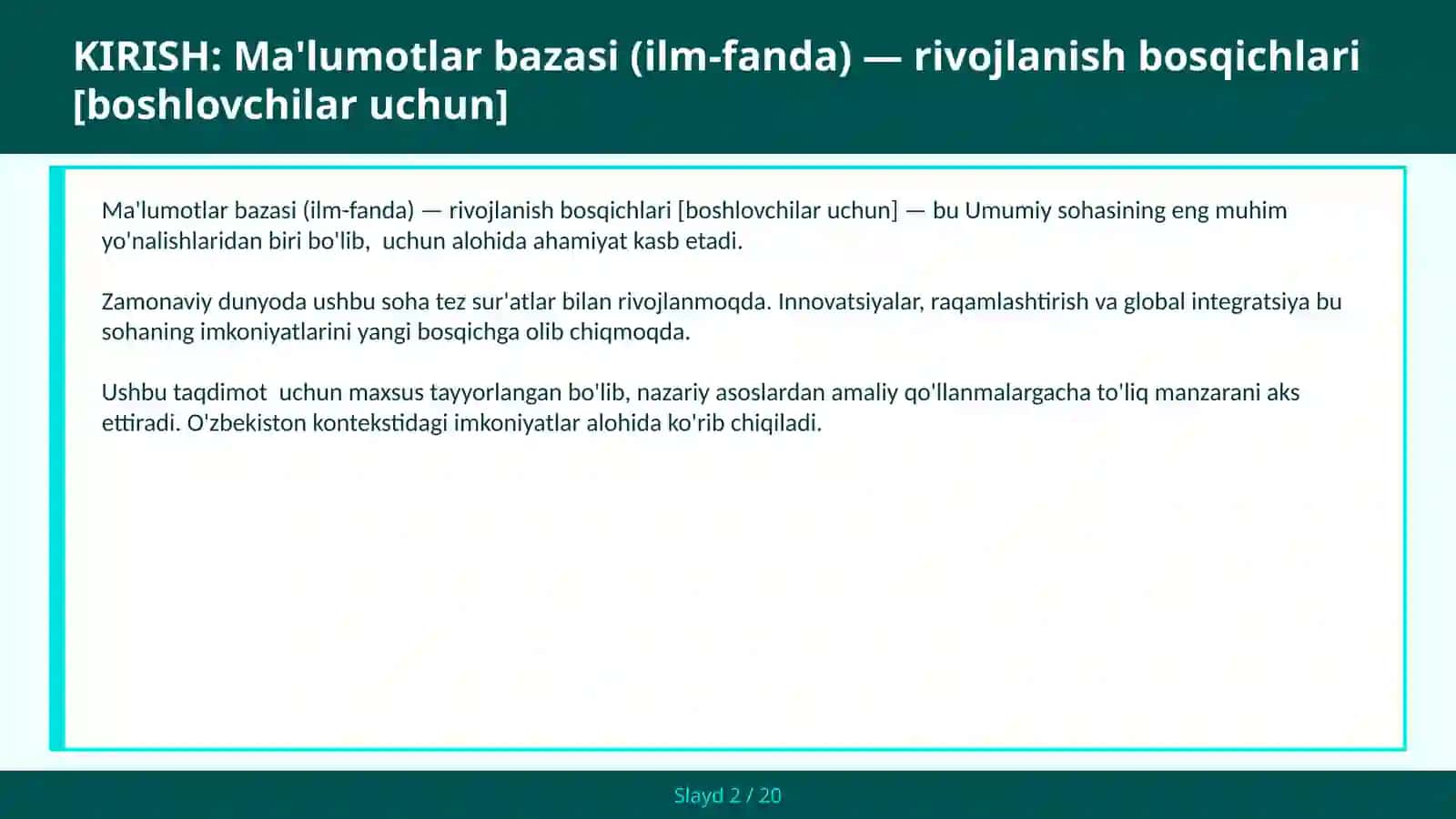 Ma'lumotlar bazasi (Ilm-fanda) — rivojlanish bosqichlari [Boshlovchilar uchun] 2