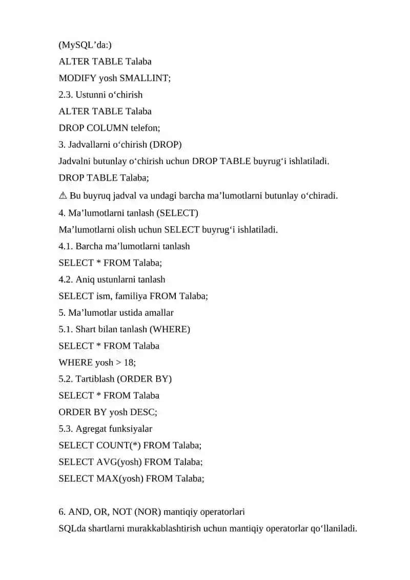 SQL tilida jadvallar bilan ishlash va ma’lumotlarni tanlash 2