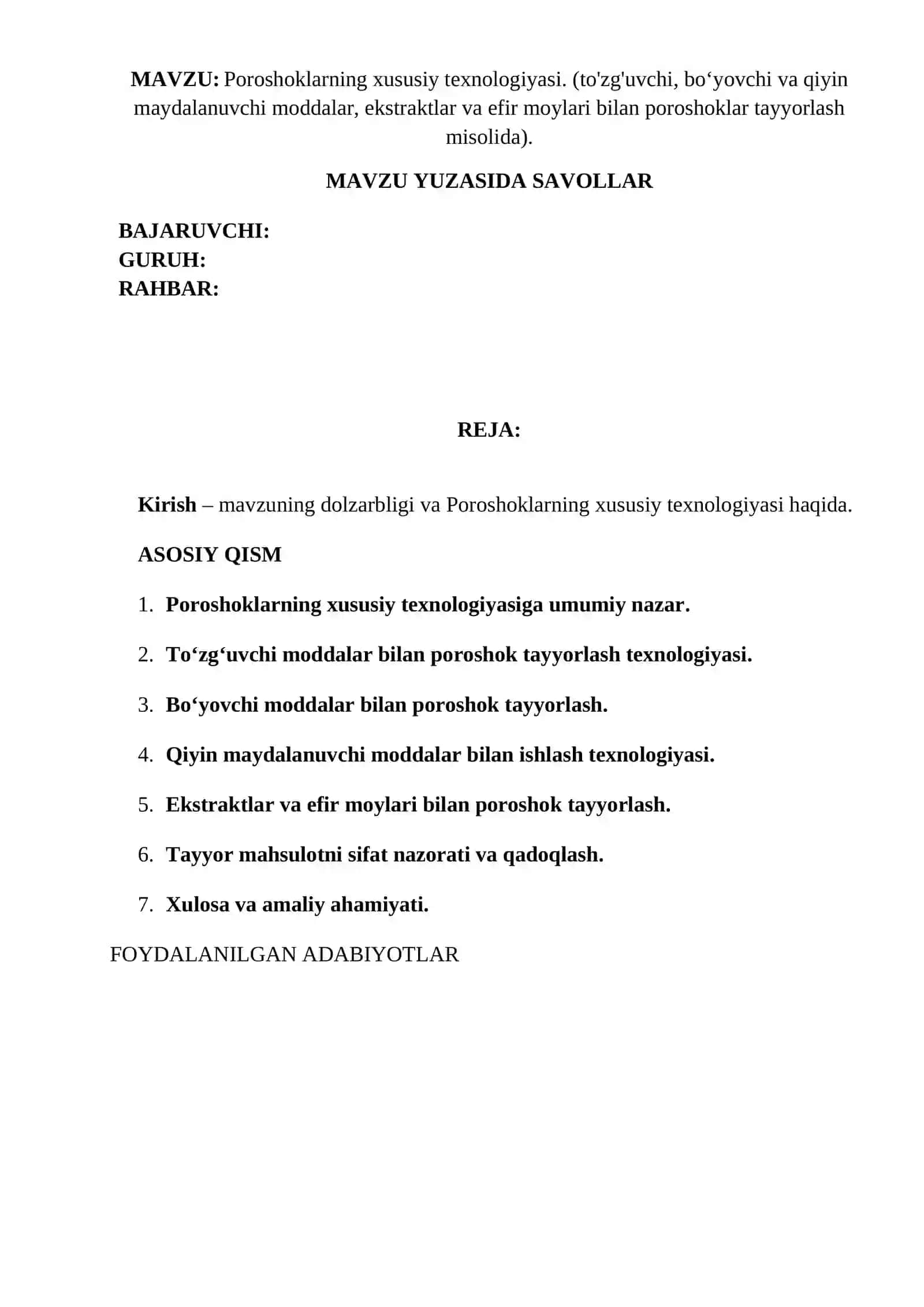 Poroshoklarning xususiy texnologiyasi mustaqil ish 2